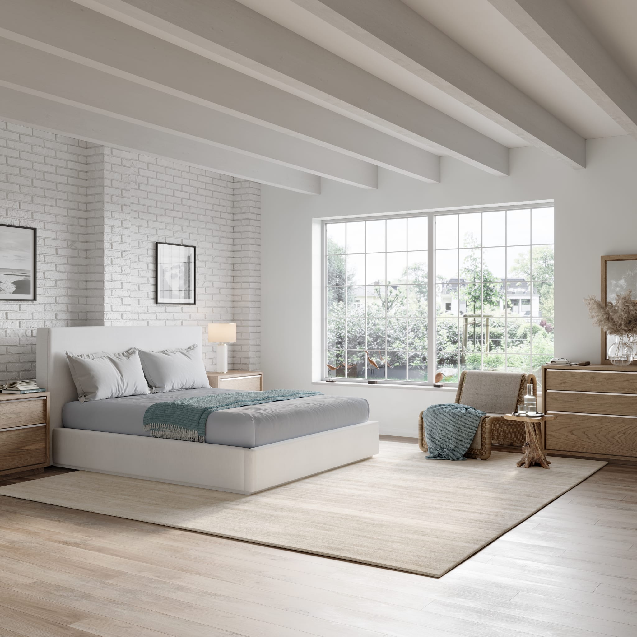 Luxury Upholstered Storage Bed with Footboard - Pearl White Fabric - Queen Size Platform Bed with Underbed Storage - Perfect for Small Bedrooms & Guest Rooms