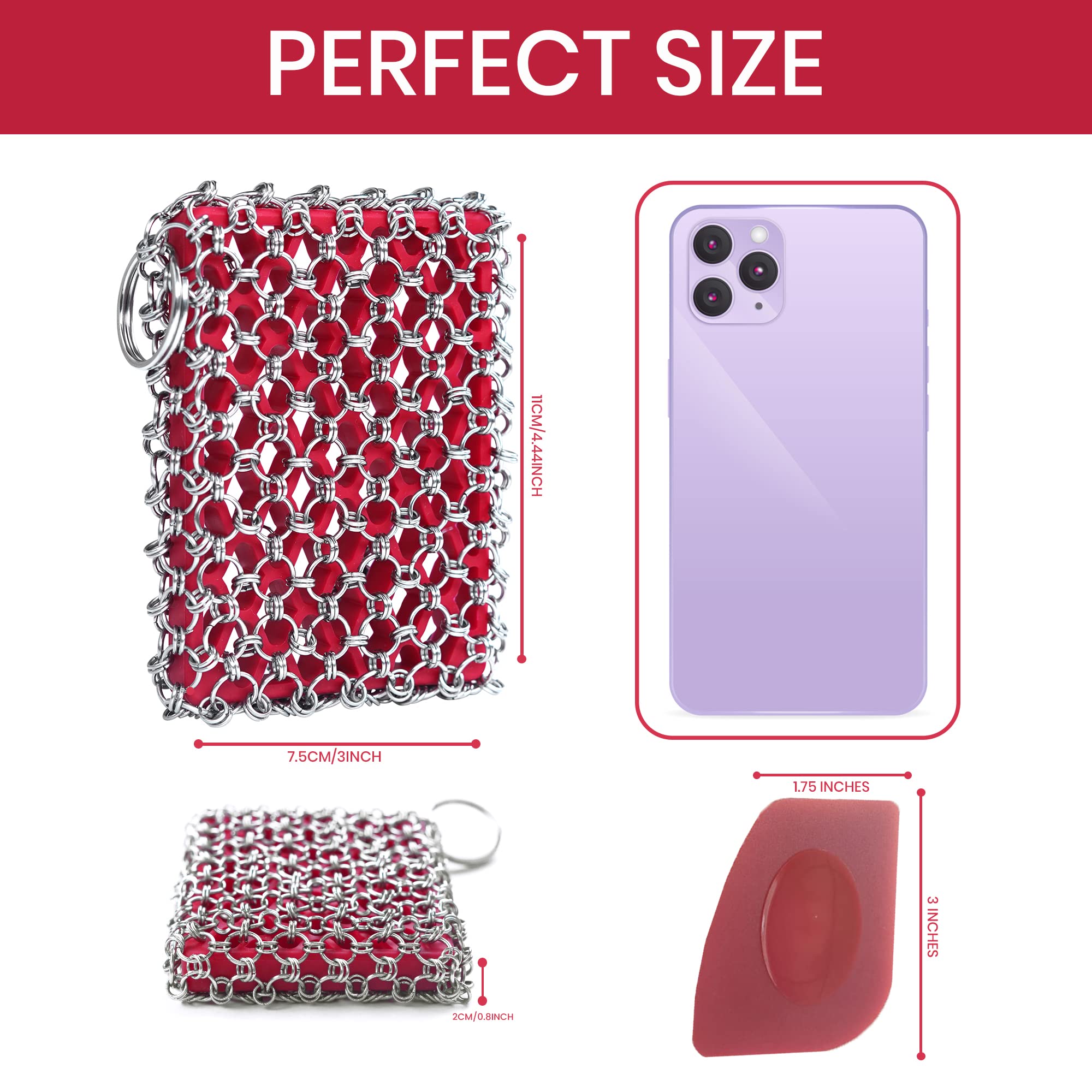 316 Stainless Steel Cast Iron Scrubber Kit with Pan Scraper & Silicone Sponge - Heavy Duty Chainmail Skillet Cleaner for Cast Iron Pans - Dishwasher Safe - Perfect for Camping, Outdoor Cooking & Kitchen Cleaning