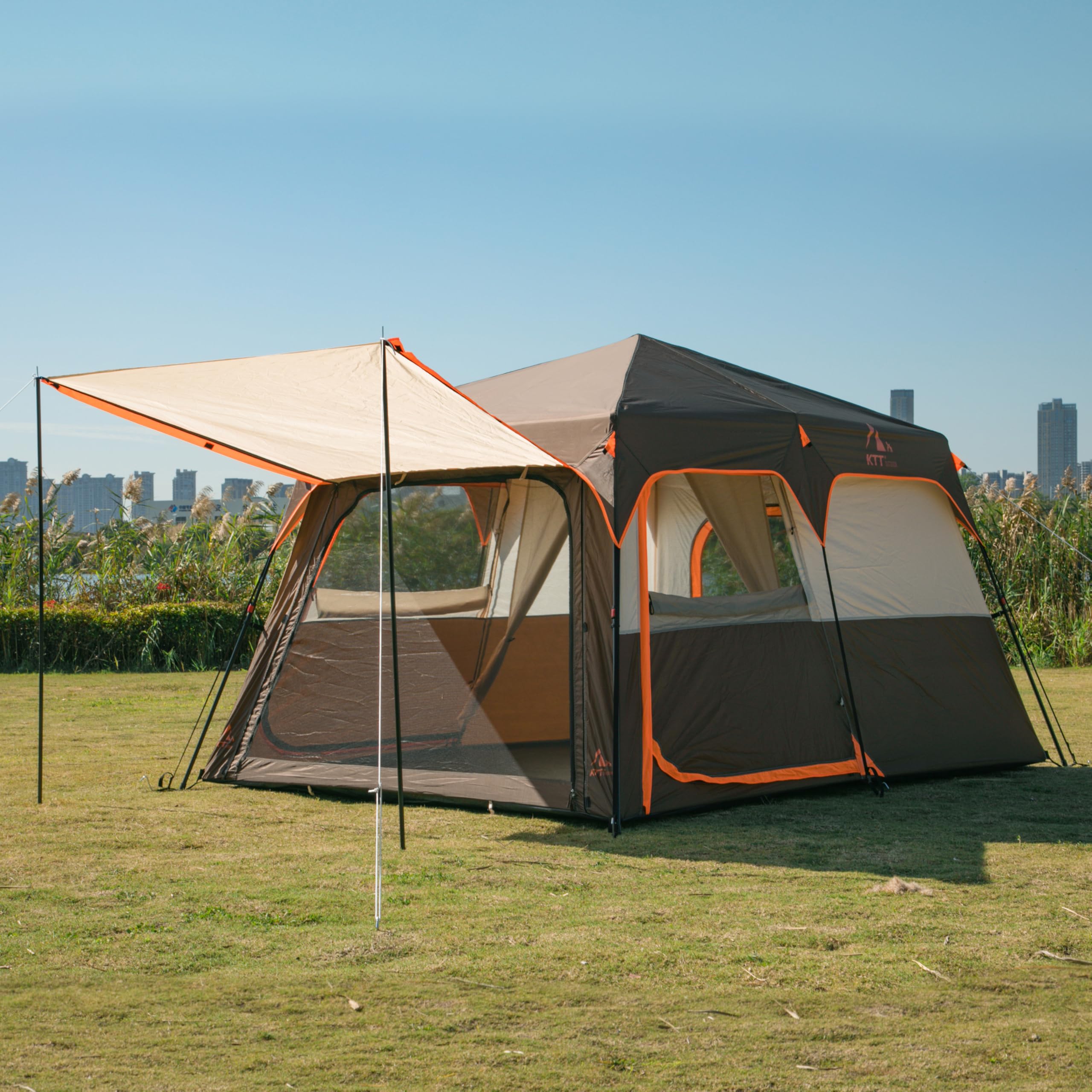 KTT Large 6-8 Person Family Cabin Tent with Straight Wall Design - 3 Doors & 3 Mesh Windows, Waterproof Outdoor Camping Tent for Picnics, Family Gatherings, and Backpacking Adventures | Perfect for Campgrounds, Beach Trips, and Backyard Campouts