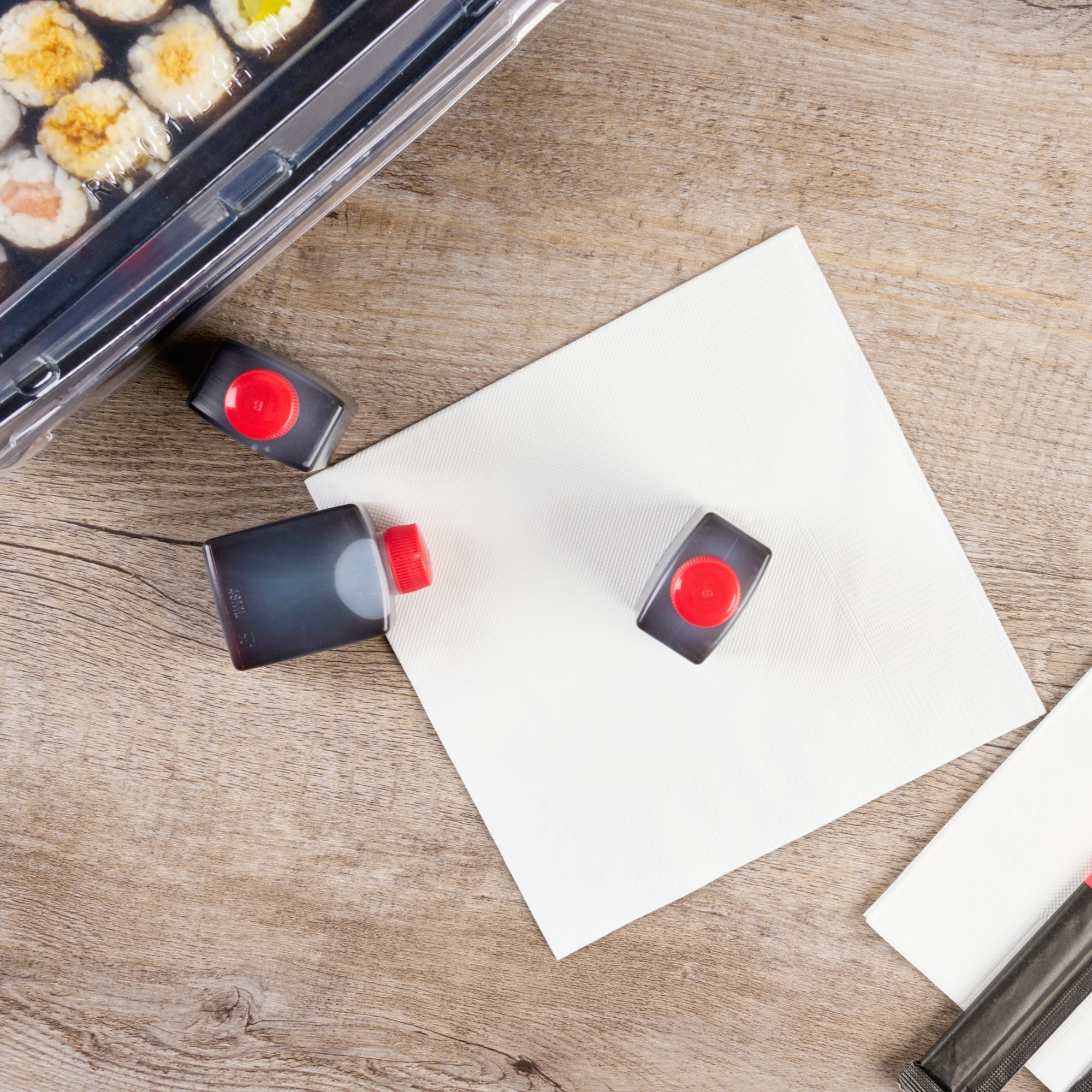 Bento Tek 2 oz Clear Plastic Soy Sauce Bottles with Red Caps (1.5