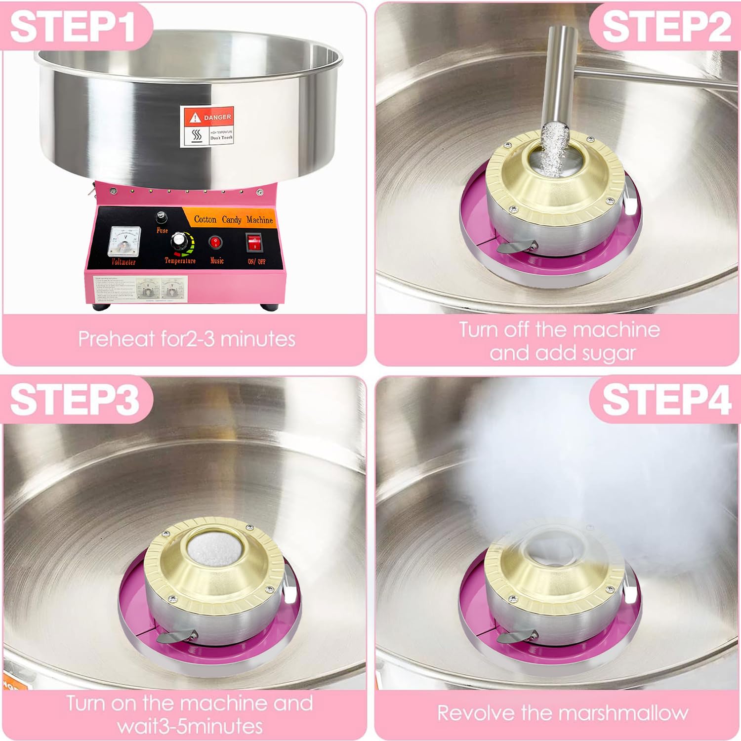 Commercial Cotton Candy Machine 1080W - Electric Candy Floss Maker with Sugar Scoop, LED Lights & Music - Perfect for Family Parties, Carnivals, Amusement Parks, Birthday Events & Home Entertainment
