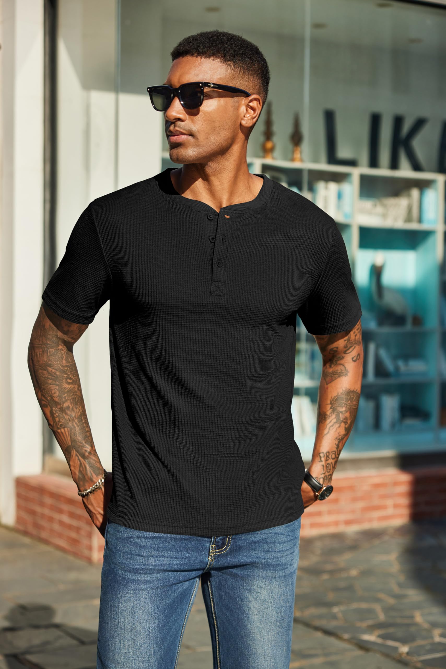COOFANDY Men's Waffle Henley Short Sleeve Textured T-Shirt - Casual Button Up Tee Shirt | Heavyweight Summer Henley Top for Outdoor Activities & Date Nights