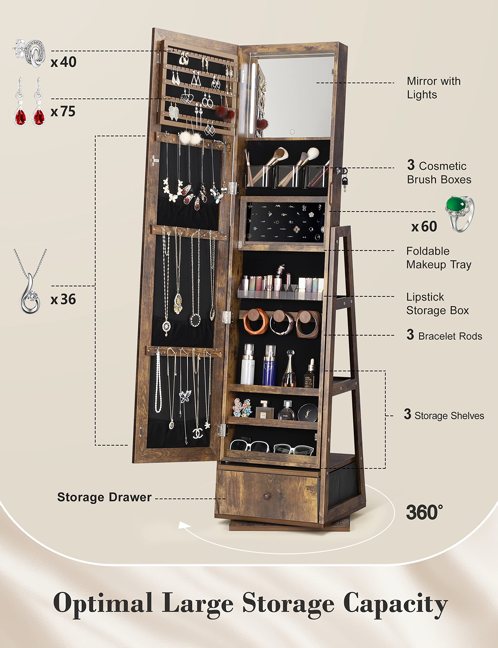 360° Swivel Jewelry Cabinet with LED Lights & Touch Screen Mirror - Rotating Full Length Mirror with Jewelry Storage Organizer - Standing Jewelry Armoire for Bedroom & Dressing Room - Perfect Christmas Gift (Rustic Brown)