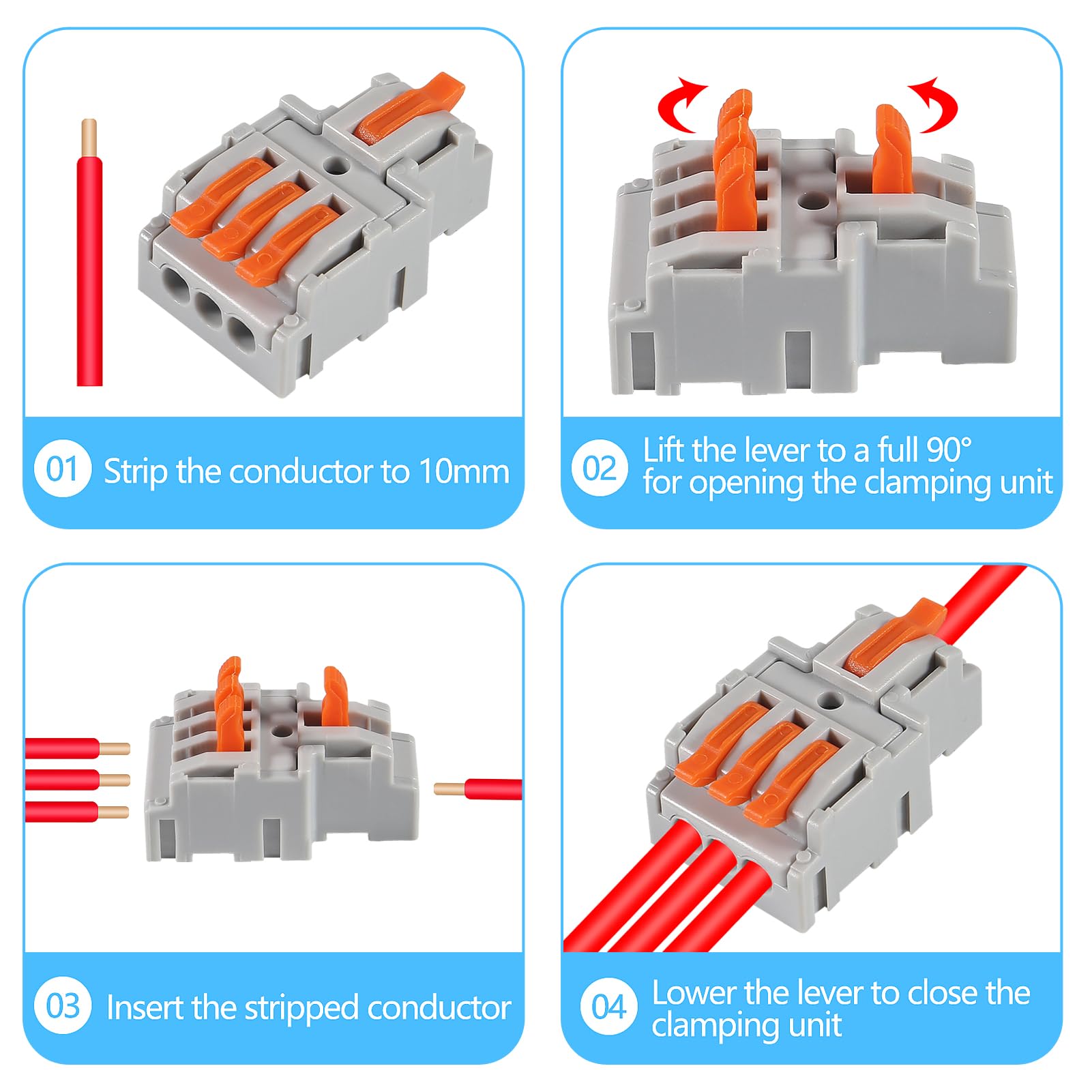 50PCS Lever Wire Connectors - 1 in 3 Out Quick Connect Electrical Terminals, Push-in Conductor Terminal Blocks for AWG 28-12 Gauge Wires - Perfect for Home Electrical Wiring, DIY Projects, and Professional Installations