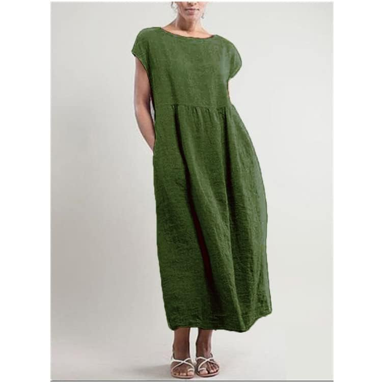 Women's Flowy Cotton Linen Maxi Dress - Summer Casual Floral Loose Fit Midi Dress with Crewneck | Beach Party, Vacation, Boho Chic Outfit for Women