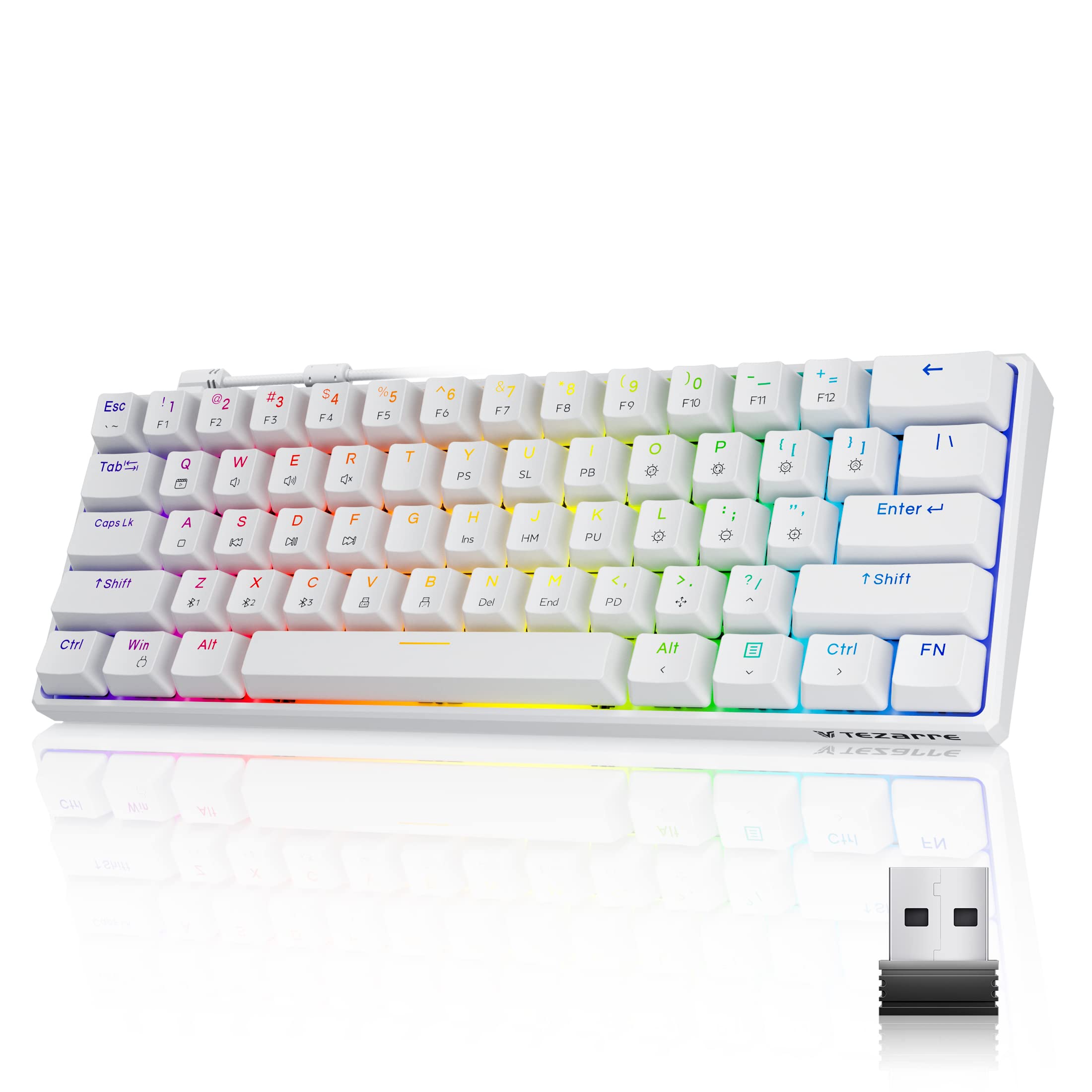 Tezarre TK61Pro 60% Wireless Mechanical Gaming Keyboard - Bluetooth/2.4G/USB, RGB Backlit, Hot-Swappable PBT Keycaps, Gateron Optical Blue Switches for Windows PC Gamers | Perfect for Esports, Office Work & Home Gaming Setup