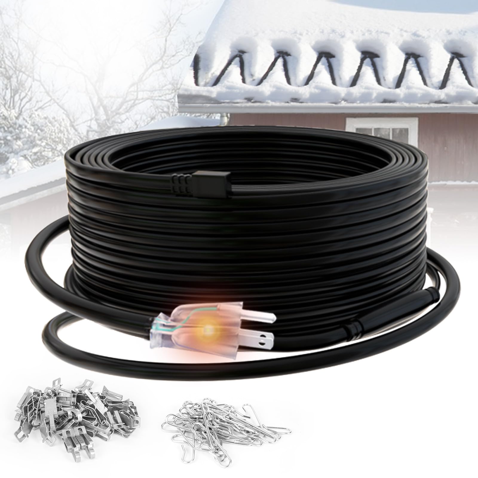 Heatit HIRD-F 200ft Roof & Gutter Snow Melting Cable - 5W/ft Heating Tape for Ice Dam Prevention - Includes 6ft Cold Power Lead - Perfect for Winter Home Protection on Sloped Roofs & Drainage Systems