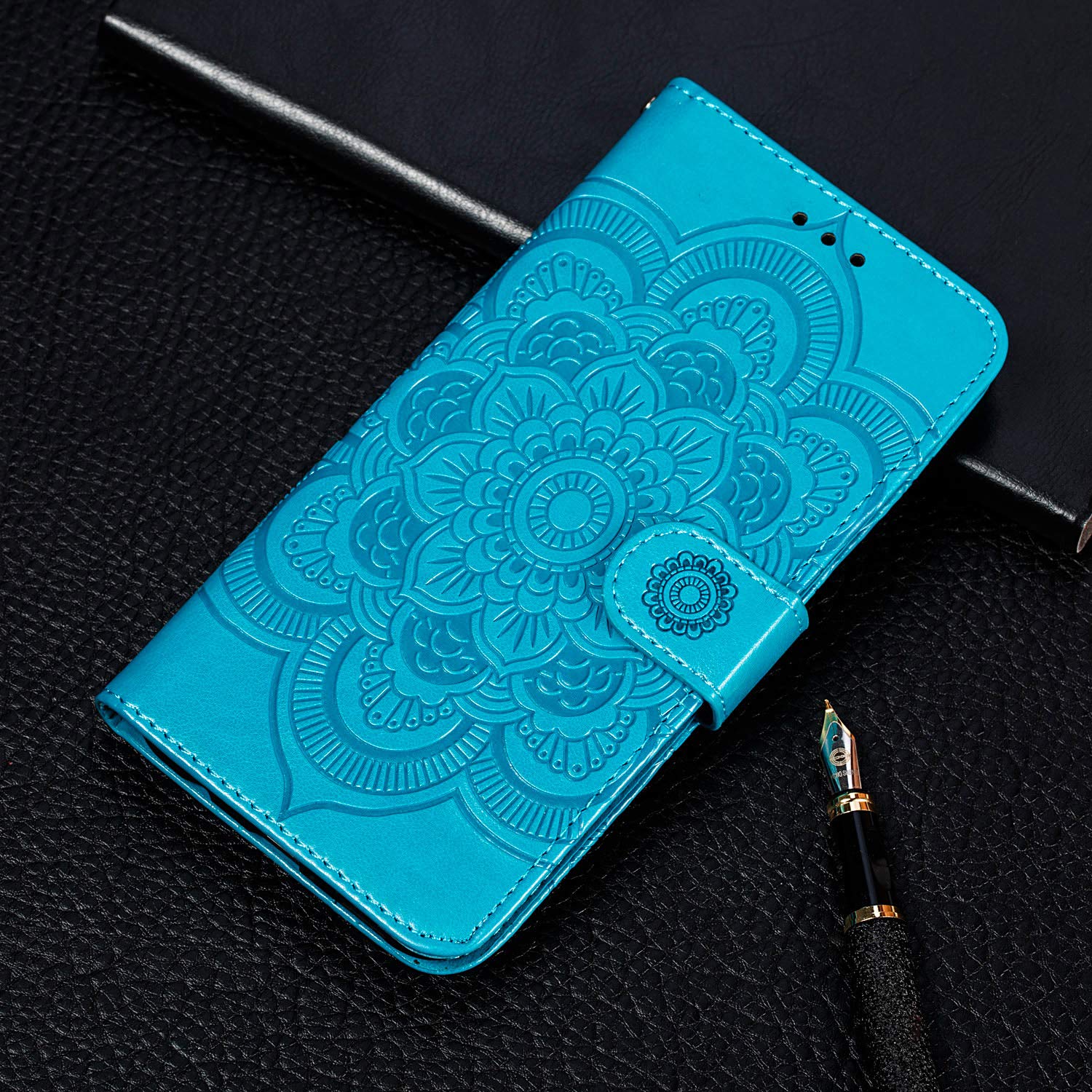 Premium EYZUTAK Mandala Leather Flip Wallet Case for iPhone SE (5G) 2022/iPhone 7/8/SE 2020 - Slim Magnetic Stand Cover with Card Slots & Lanyard (Blue Embossed Design) | Perfect for Daily Use, Travel & Business Meetings