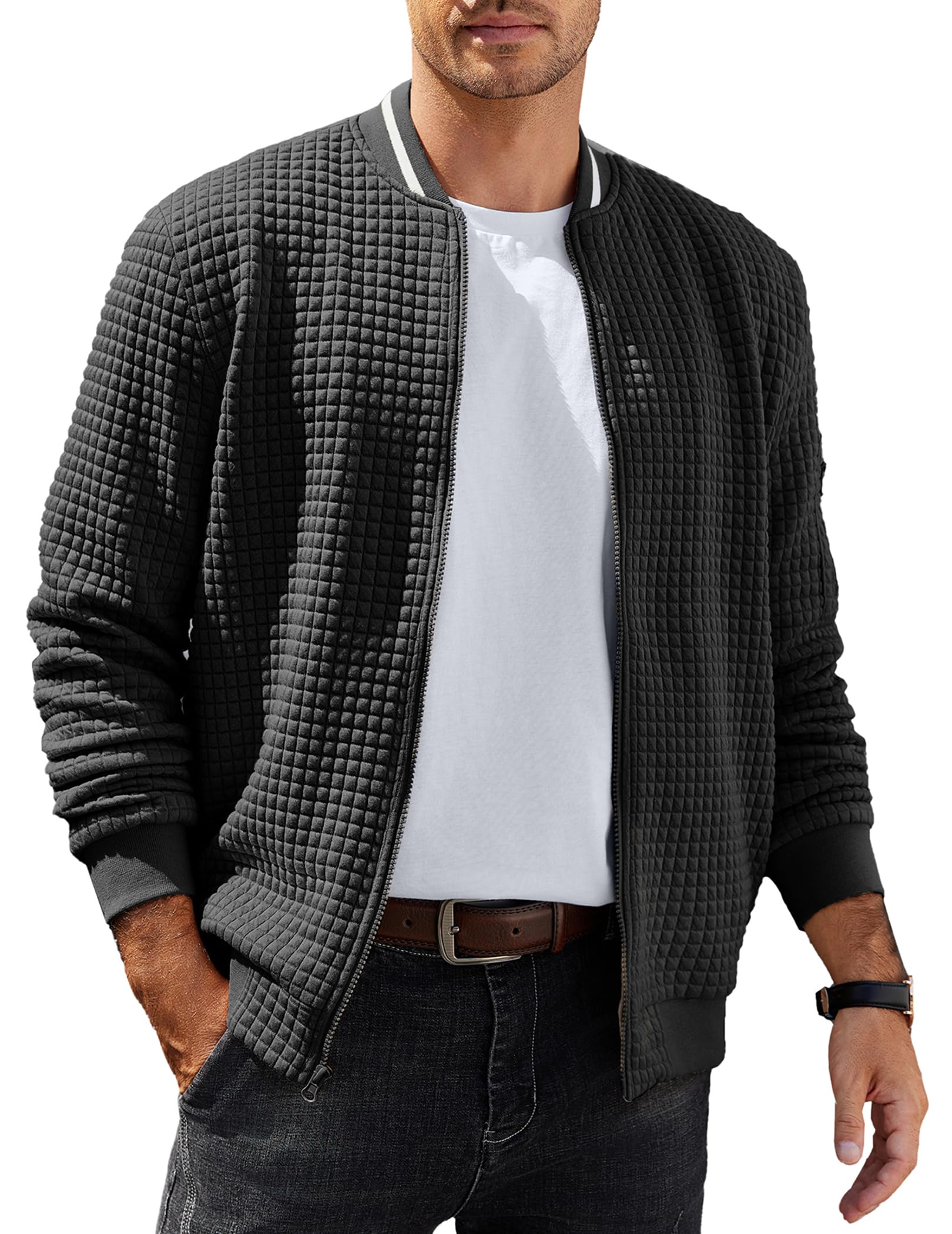 COOFANDY Men's Lightweight Bomber Jacket - Stylish Varsity Coat with Waffle Knit Texture, Zip-Up Casual Outerwear for Fall & Spring | Perfect for Streetwear, Dating, and Everyday Fashion