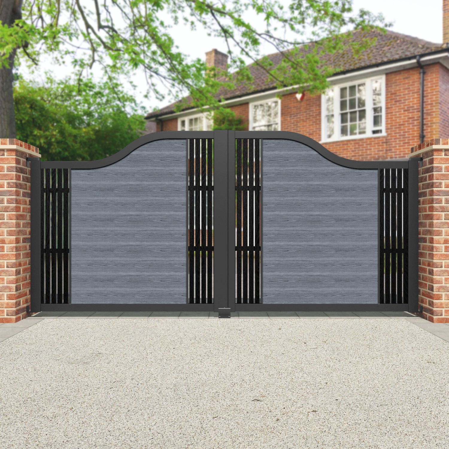 Classic Aspen Curved Top Driveway Gate - Anthracite Finish with Middle & End Screen - Perfect for Residential Driveway Security and Elegant Home Entrance