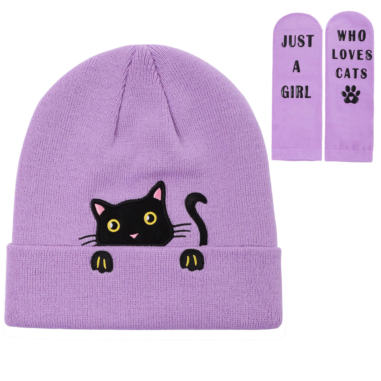 Cute Cat Embroidered Beanie Hat and Socks Set for Girls - Soft Knitted Winter Skull Cap - Perfect Christmas Gift for Cat Lovers - Cozy Outfit for School, Playdates & Holiday Photos