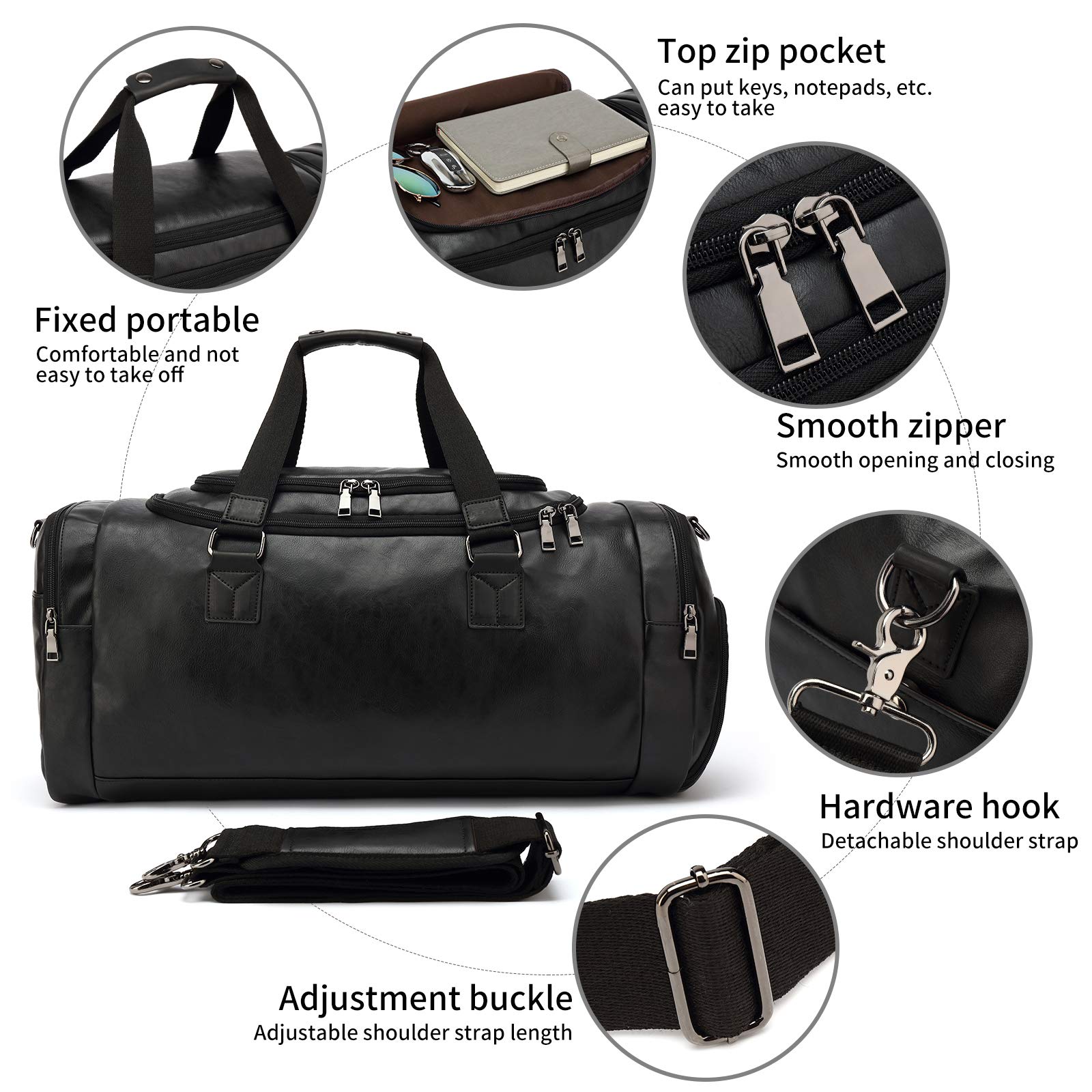 Premium Leather Travel Duffel Bag for Men & Women with Shoe Compartment - Water-Resistant Black Carry-On Luggage for Gym, Weekend Trips & Business Travel