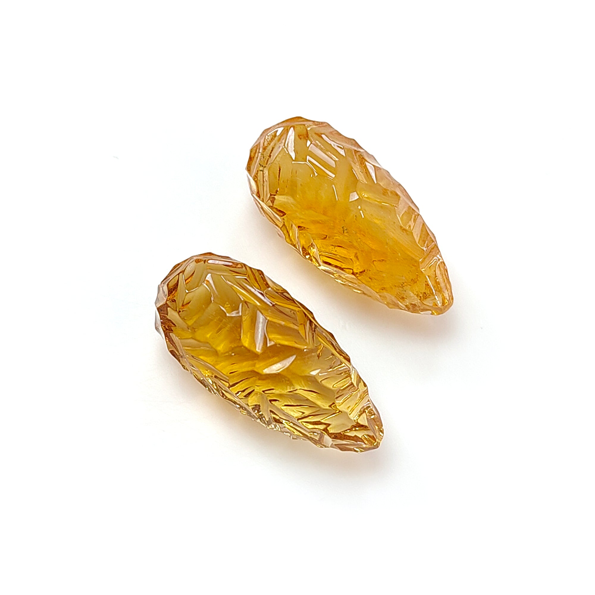 Natural Yellow Citrine Gemstone Carving - 43.40cts Untreated Unheated Hand Carved Teardrop Shape 25mm Pair - November Birthstone for Jewelry Making & Healing Crystal Collection