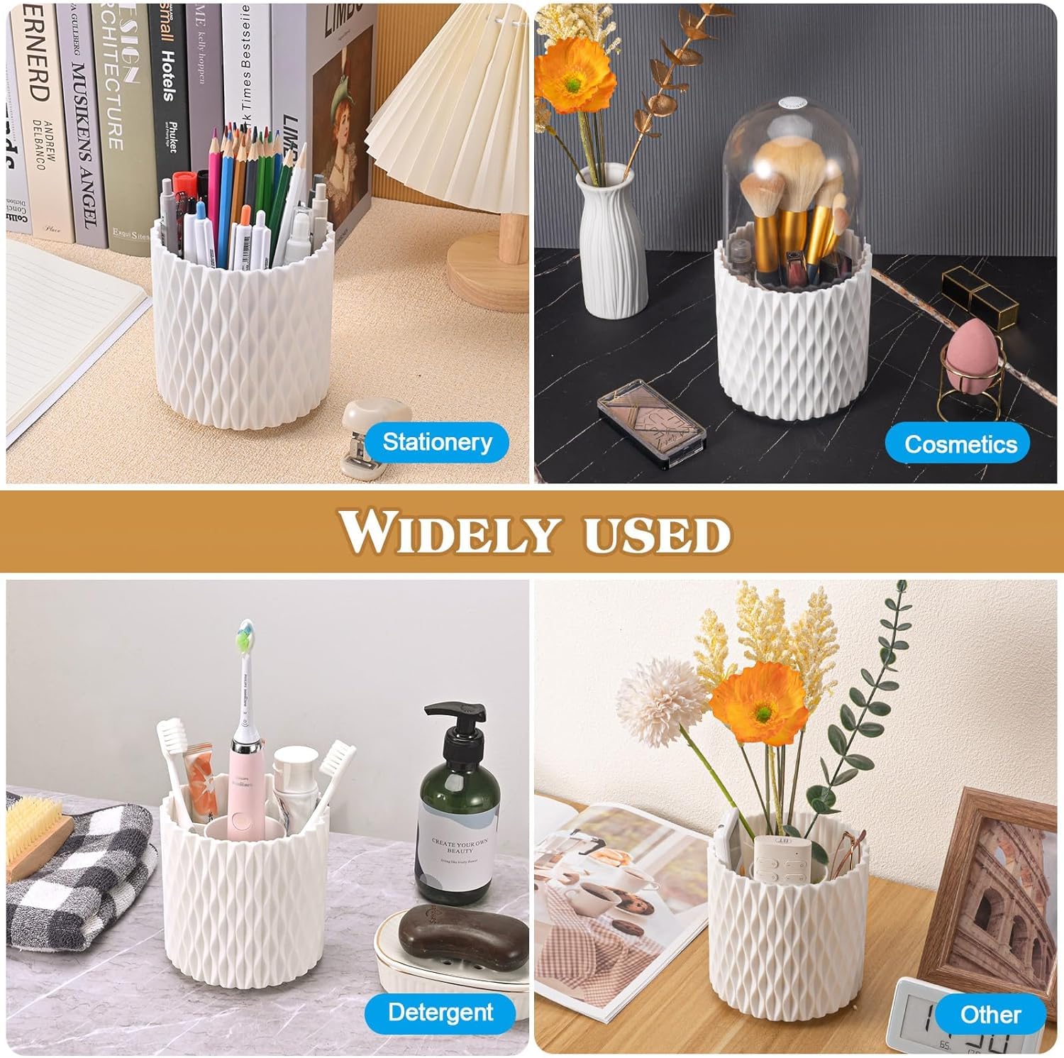 INOVERA 5 Slot Makeup Brush Holder | 360° Rotating Cosmetic Organizer with Dustproof Lid | Brush Storage Case for Women & Girls | Perfect for Vanity, Travel & Salon Use (White)