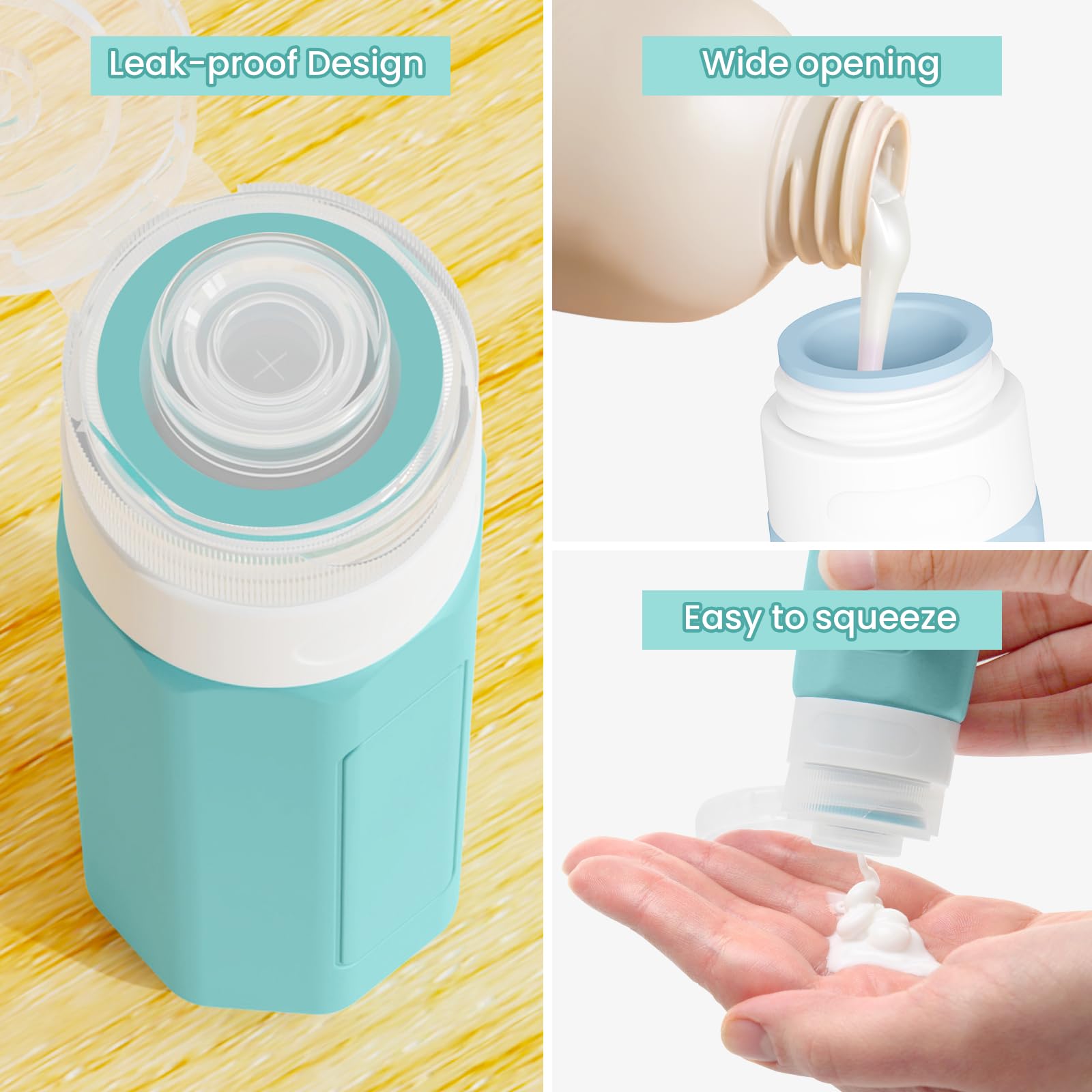 TSA Approved 2oz Leak Proof Silicone Travel Bottles for Shampoo, Conditioner & Lotion - Refillable Squeezable Toiletry Containers for Air Travel, Gym & Vacation Essentials