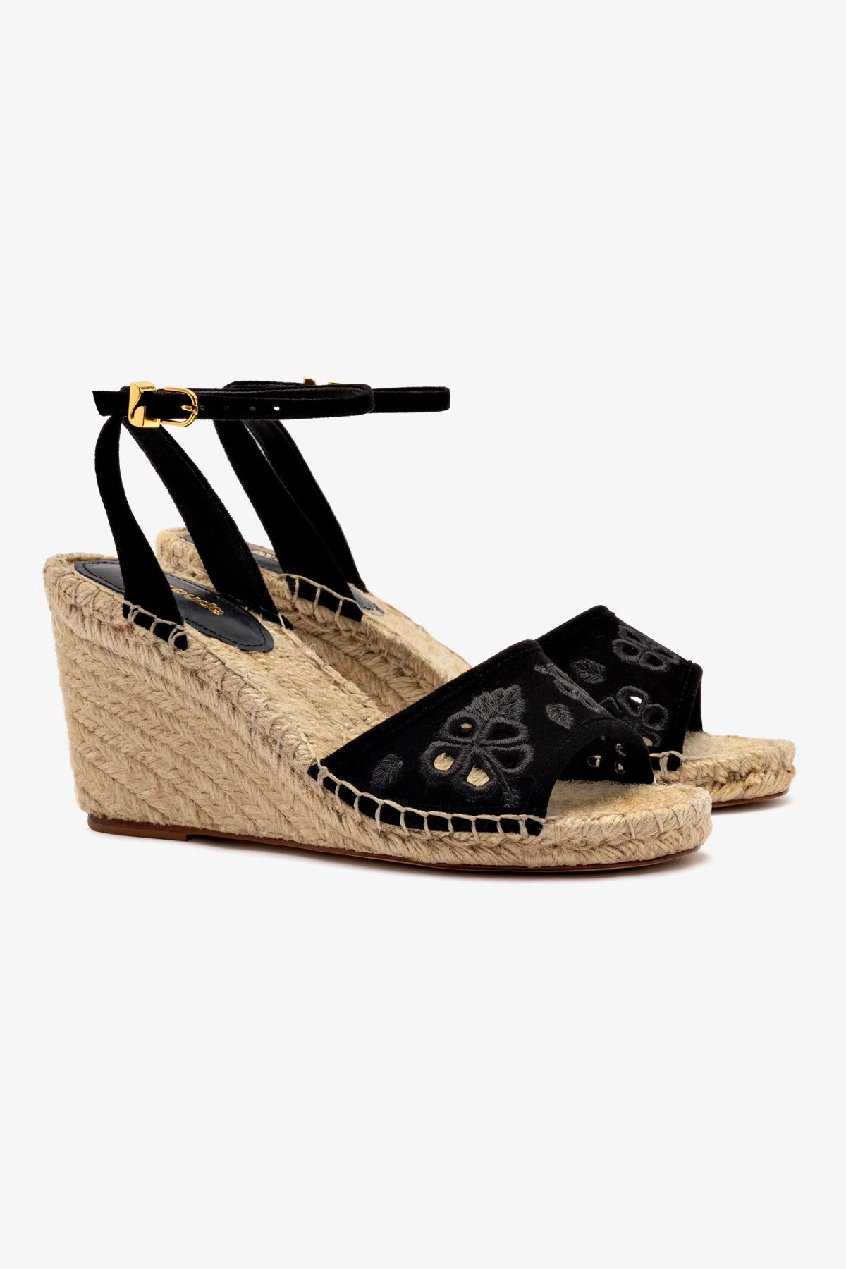 Letizia Black Suede Espadrille Wedge Sandals with Hibiscus Embroidery - Perfect for Summer Weddings & Beach Vacations