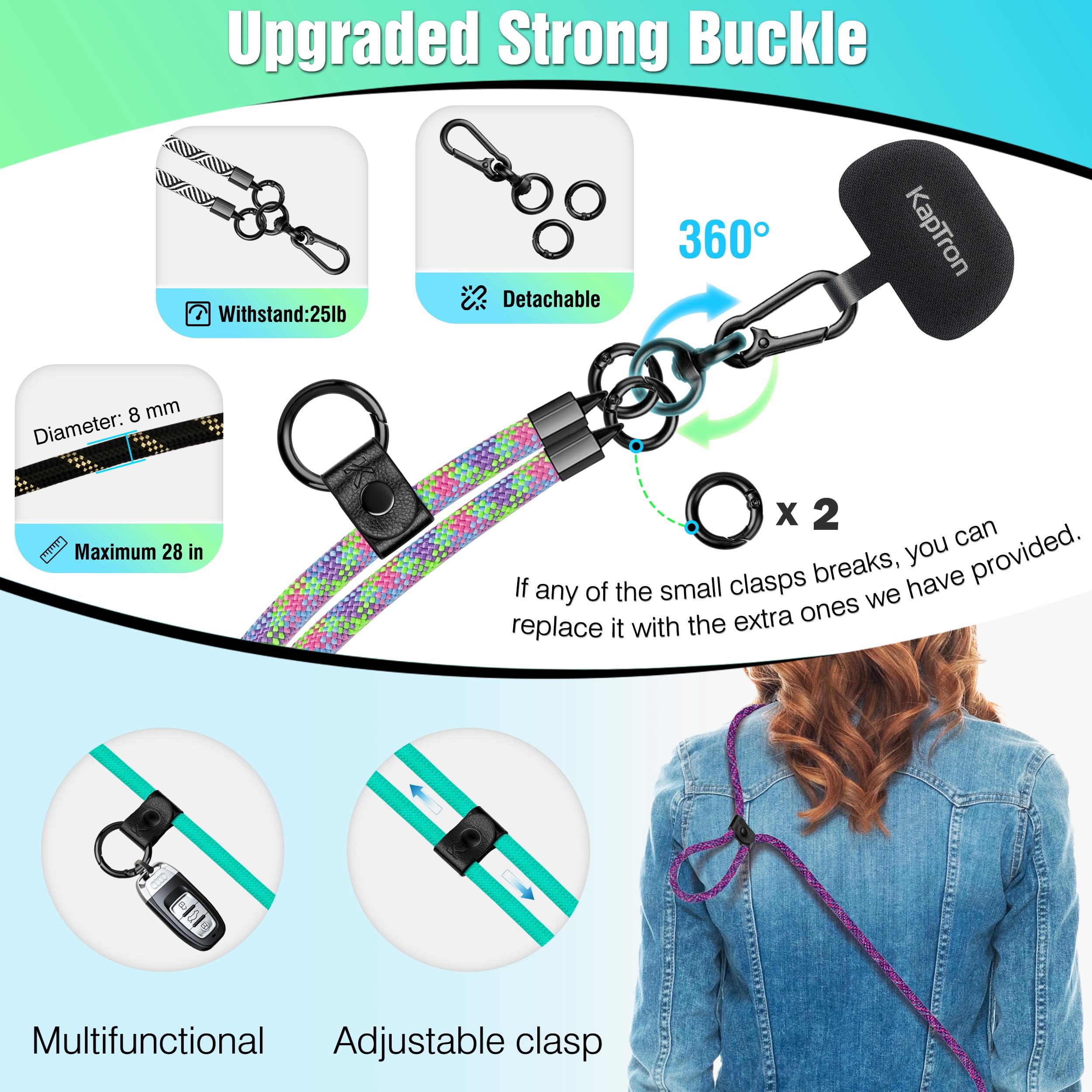 Kaptron Universal Adjustable Crossbody Phone Lanyard with Silicone Holder & Tethers - Hands-Free Phone Strap for Travel, Work, Shopping & Outdoor Activities