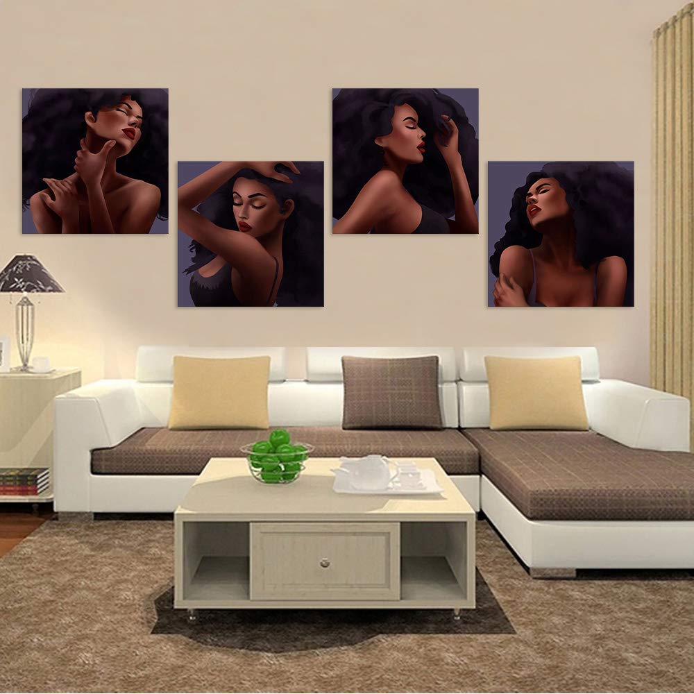 AMEMNY 4-Panel African American Women Abstract Wall Art - Canvas Graffiti Style Painting for Living Room, Bedroom & Bathroom - Stretched & Framed Ready to Hang - 25