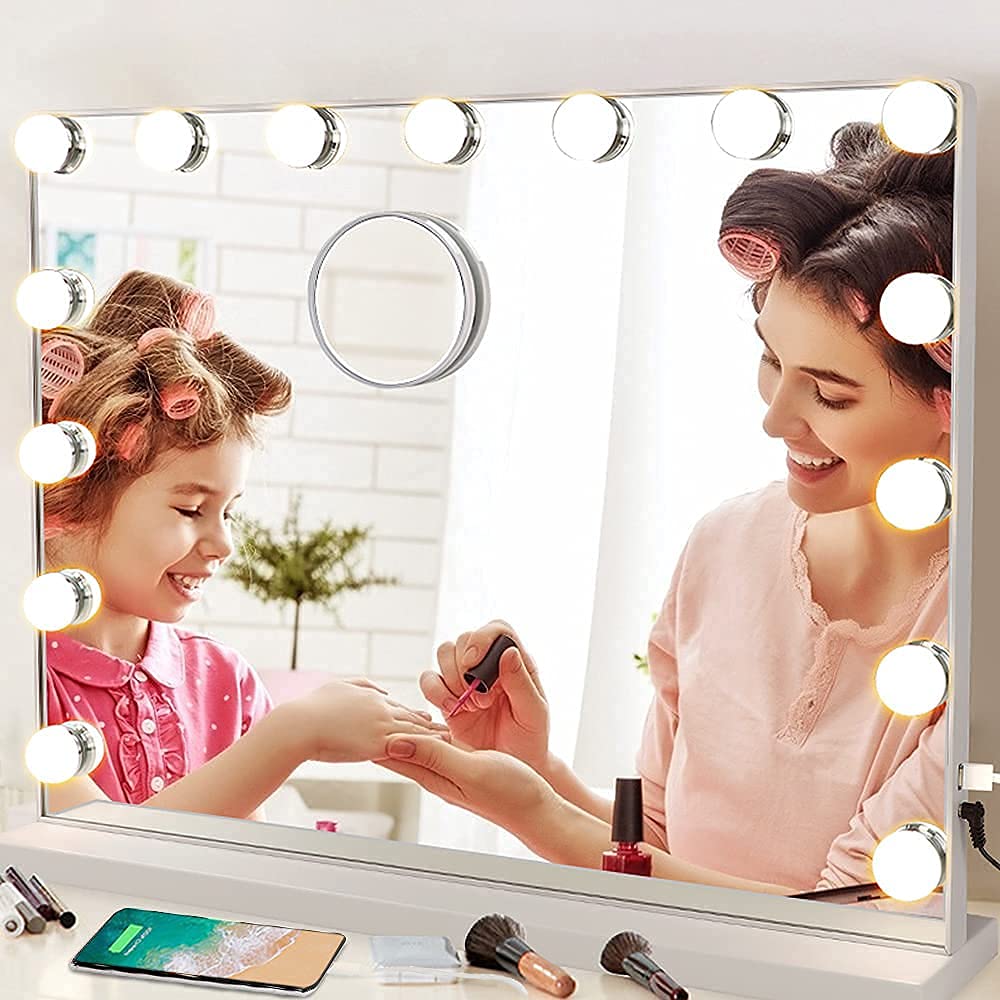 Hollywood Vanity Mirror with Lights - 23 Inch Large LED Makeup Mirror with Smart Touch Control, 15 Dimmable USB-Powered Lights for Dressing Room, Bedroom, Bathroom & Tabletop - White (Perfect for Makeup Application, Skincare Routine & Hairstyling)