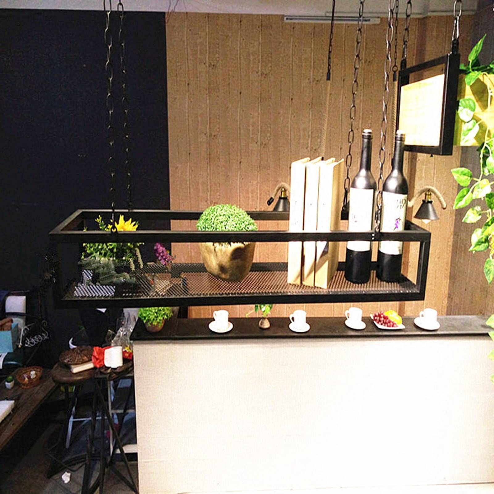 Industrial Loft Style Hanging Iron Basket - Wine Glass Rack, Ceiling Shelf & Plant Stand for Bar, Restaurant & Home Decor (Black, 120x25x15cm) - Perfect for Kitchen Storage, Wine Display & Indoor Garden Organization