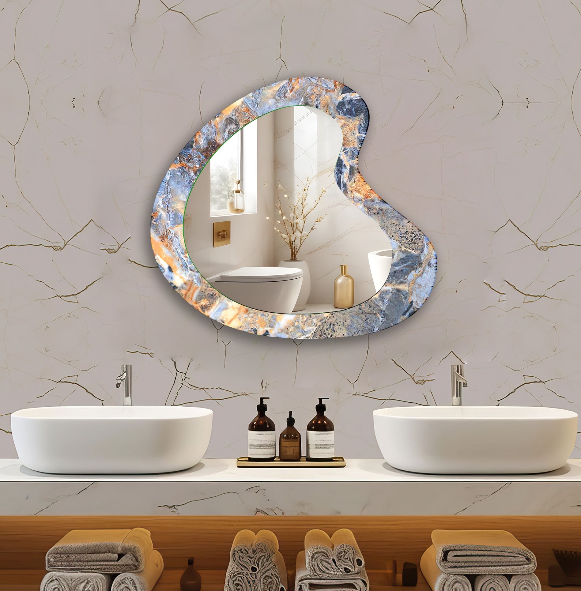 Elegant Blue Marble Bathroom Wall Mirror - Modern Round Vanity Mirror for Makeup & Home Decor - Perfect for Bathroom, Bedroom, and Dressing Room