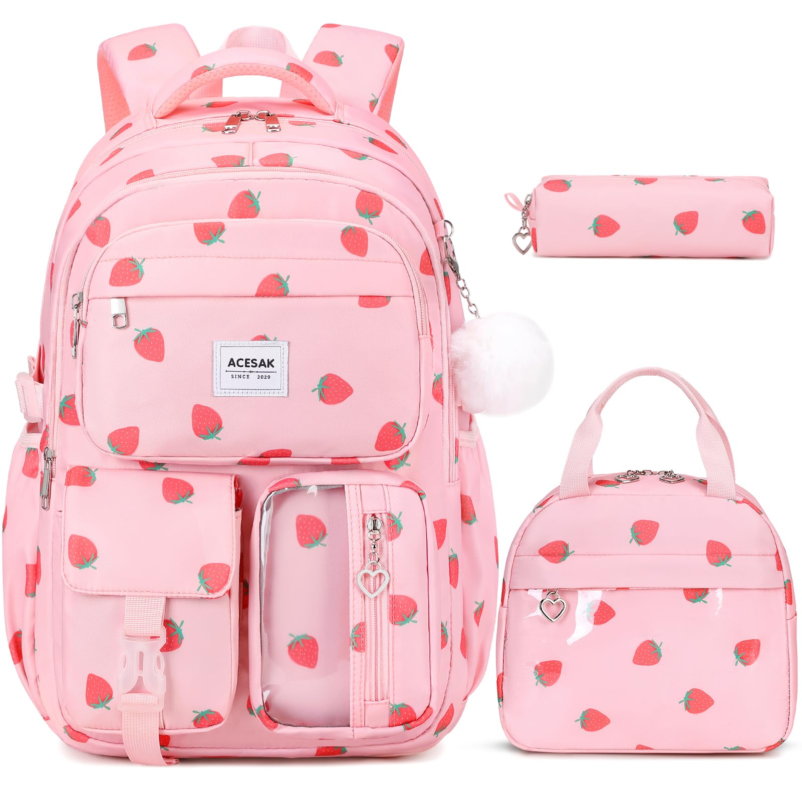 Stylish Pink Strawberry Backpack for Girls - School Bookbag with Lunch Bag & Pencil Pouch, Durable Laptop Backpack for Teen Girls, Women & Kids - Perfect for Elementary, Middle, High School & Travel Daypack
