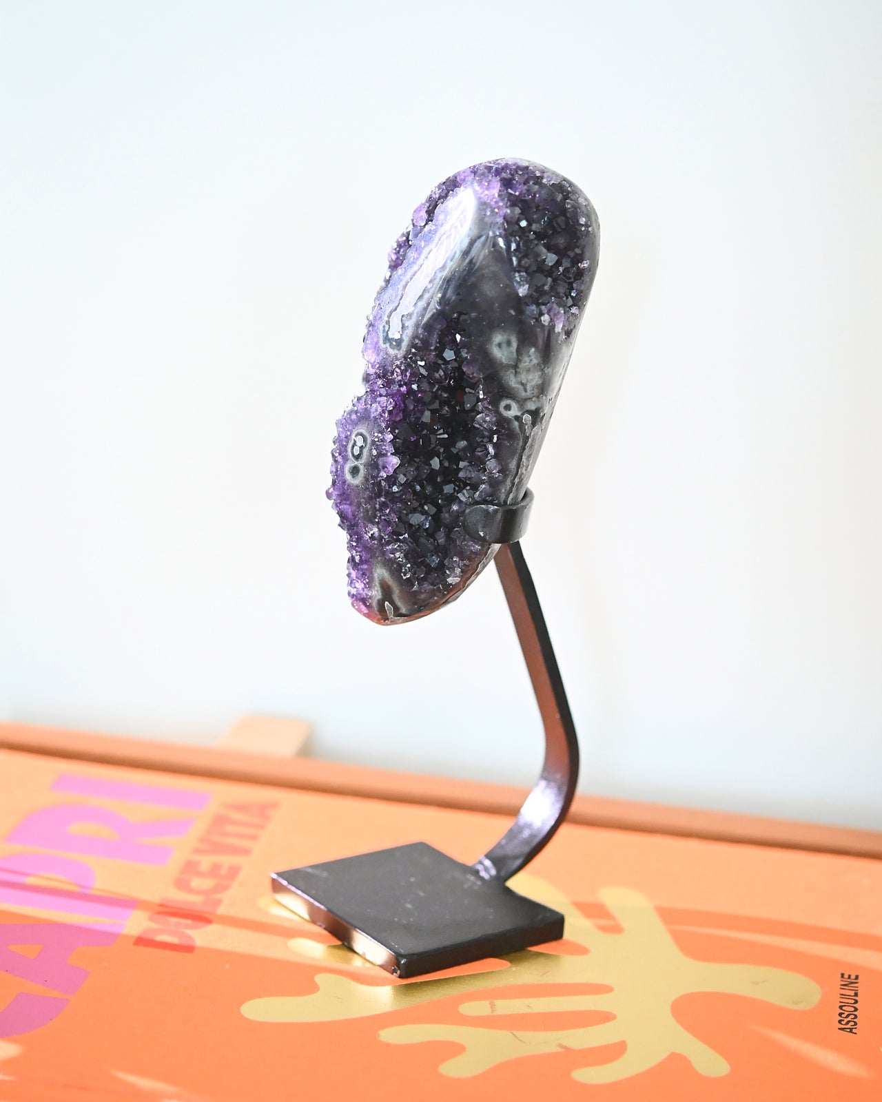Natural Amethyst Crystal Geode on Wooden Stand - 3lbs Healing Stone for Home Decor, Meditation & Spiritual Gifts