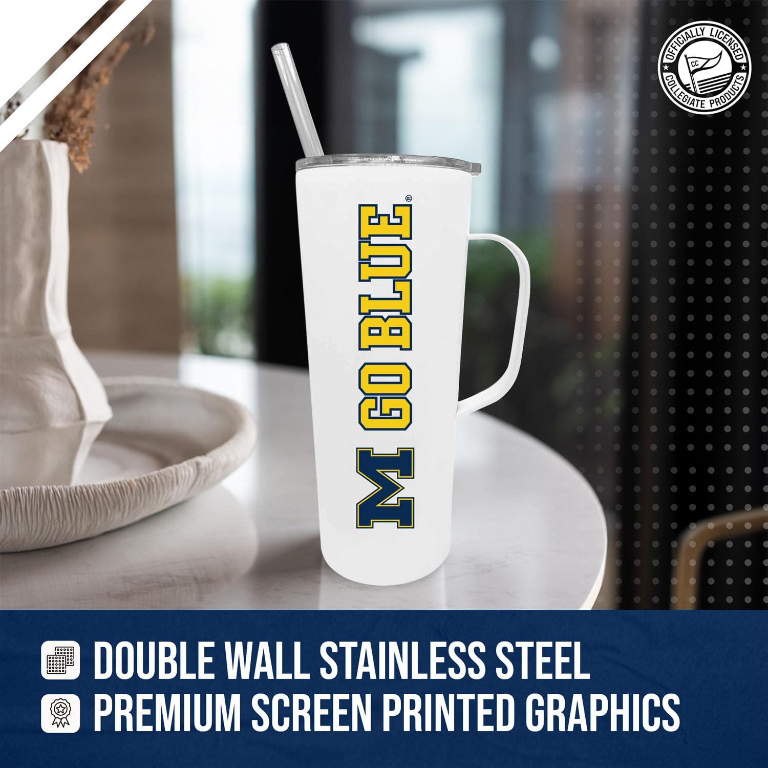 Official Michigan Wolverines 20oz Stainless Steel Tumbler with Handle & Dual Lid Options - Insulated Travel Mug for Coffee, Tea & Cold Drinks - NCAA Licensed Campus Colors Collection (White) - Perfect for Game Day, Office & Outdoor Activities