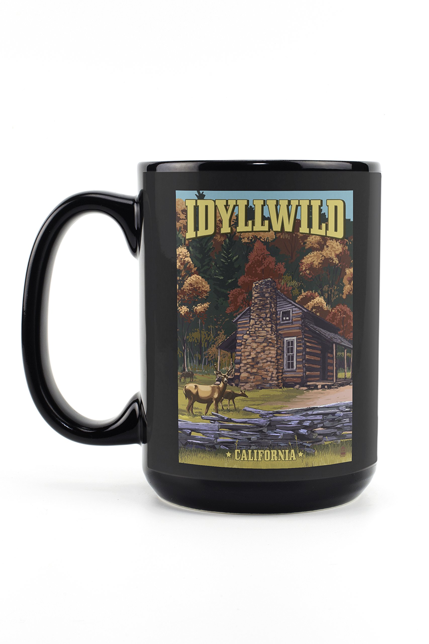 Lantern Press Idyllwild California Deer Family & Cabin Scene Mug - 15oz Black Ceramic Coffee & Tea Cup - Dishwasher & Microwave Safe - Perfect for Home, Office & Camping Use