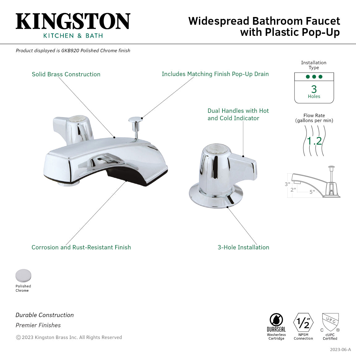 Americana GKB920 Polished Chrome Widespread Bathroom Faucet - 2 Handle 3 Hole Deck Mount with Pop Up Drain - Perfect for Modern Bathroom Vanities and Sink Upgrades