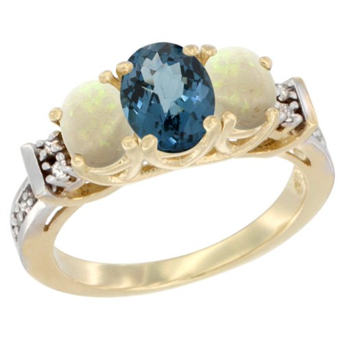 14K Yellow Gold Natural London Blue Topaz & Opal Ring with 3-Stone Oval Diamond Accent - Elegant Birthstone Jewelry for Women, Perfect for Anniversary, Engagement, and Special Occasions