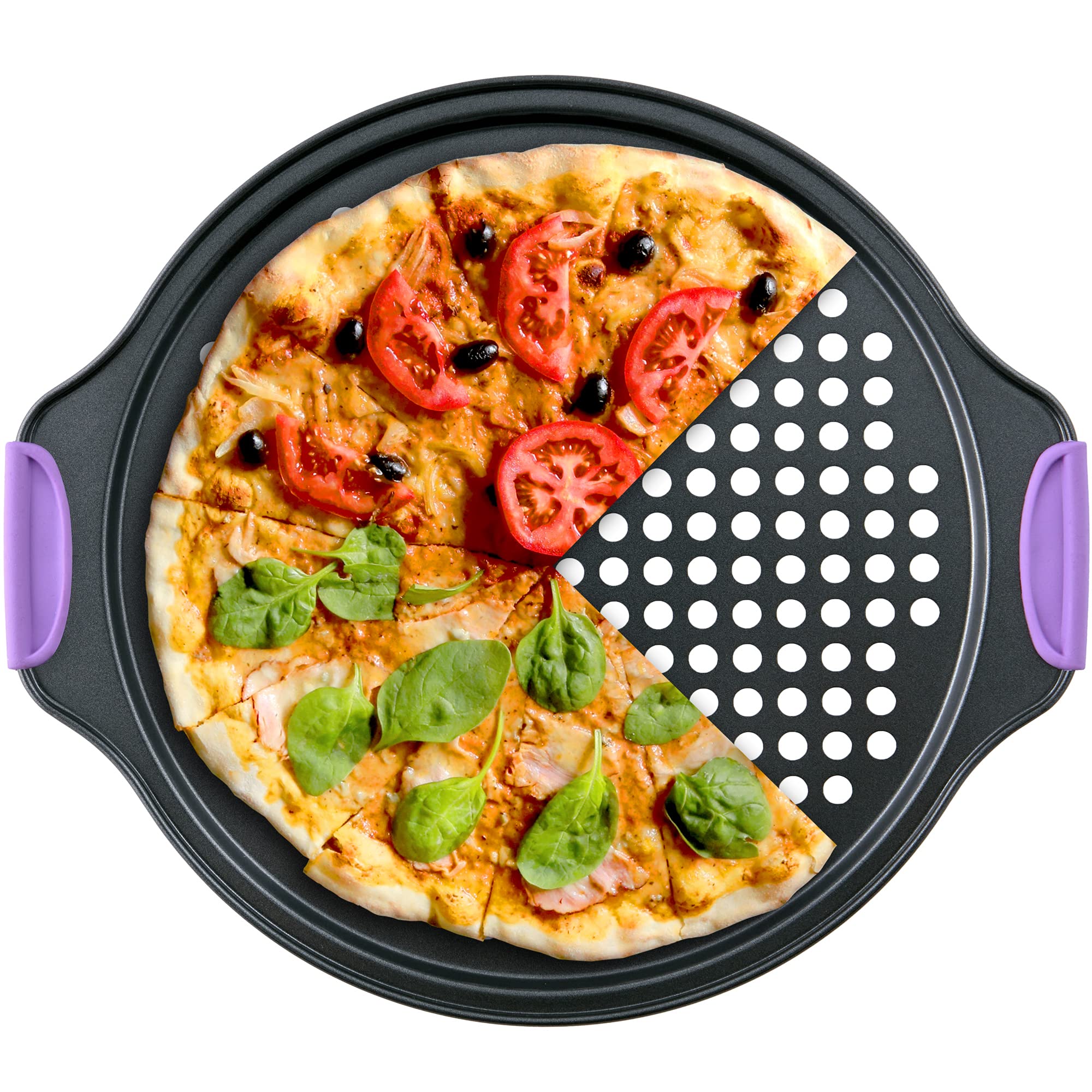 13-Inch Non-Stick Perforated Pizza Pan with Heat-Resistant Silicone Handles - Carbon Steel Baking Sheet for Crispy Crust - Perfect for Home Oven, Restaurant & Outdoor Pizza Parties