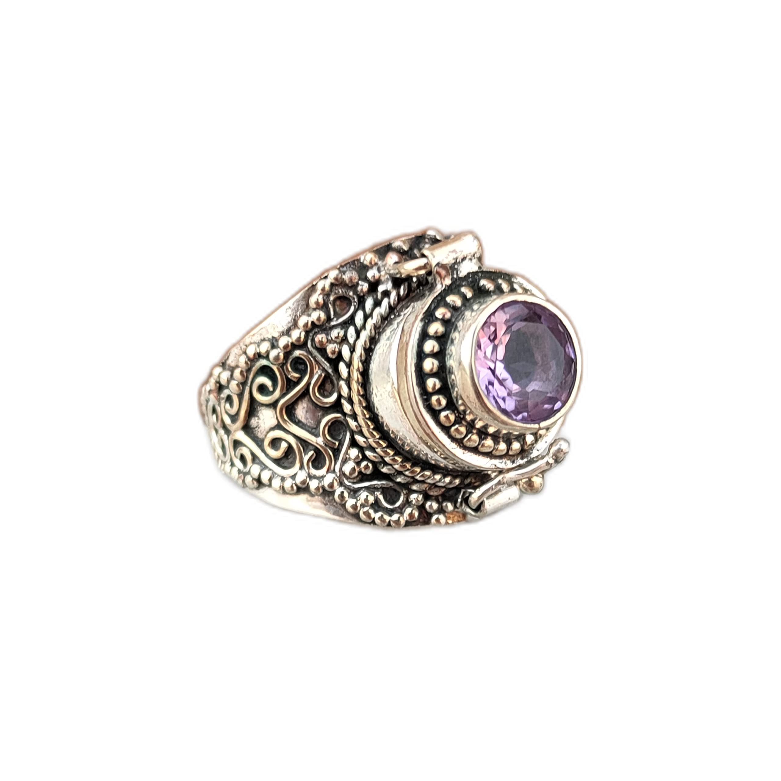 Natural Amethyst Poison Ring - Vintage Faceted Jewelry with Hidden Compartment | Handmade Boho Style Round Stone Ring for Women | Perfect for Renaissance Fairs, Gothic Fashion & Unique Gift Giving