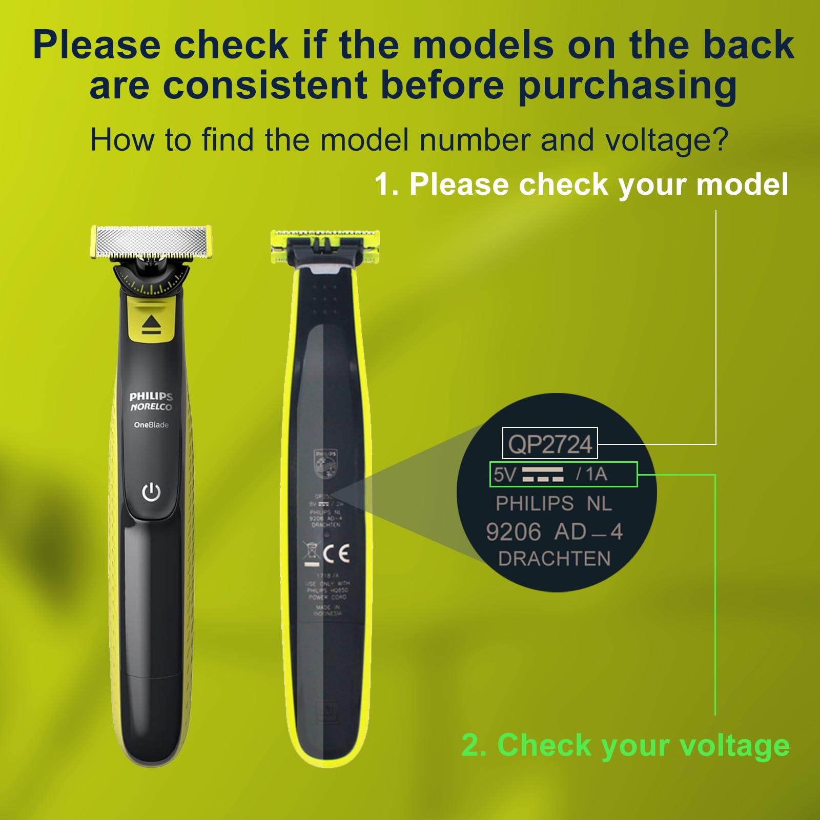 Original Philips One Blade QP2724 Replacement Charger Cord - Compatible with Philips Norelco One Blade 360, QP1924, QP2834, MG5910, Shaver 3600, 3900 & Beard Trimmer - 5V USB Charging Cable (2-Pack) - Perfect for Travel & Home Use