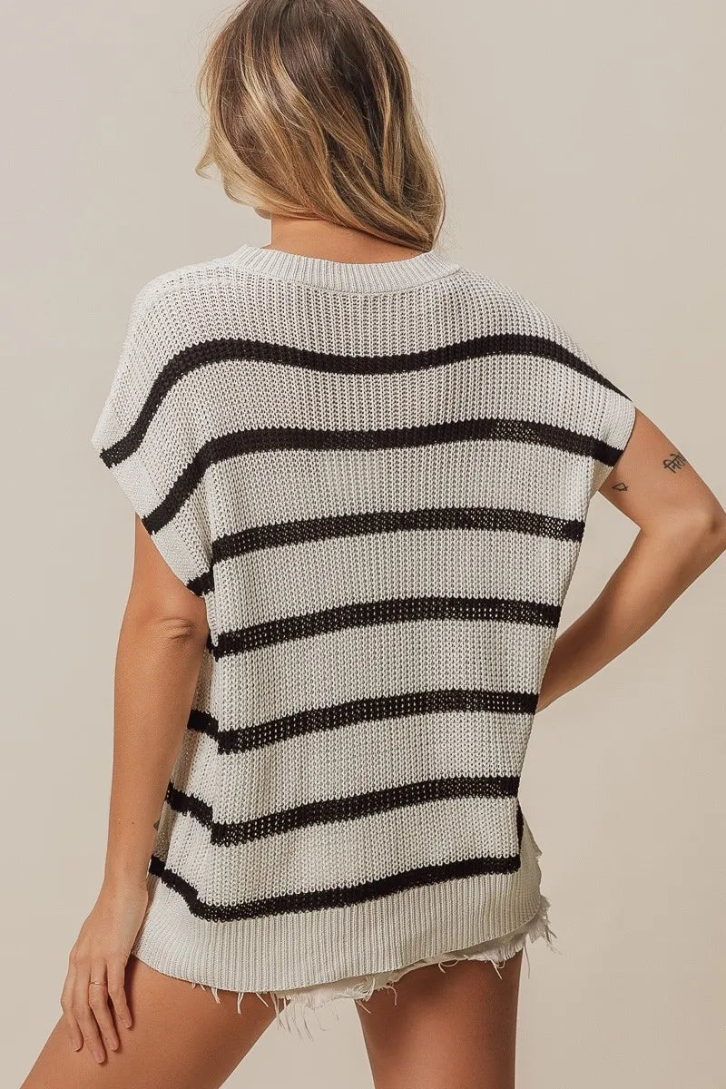 BiBi Vacay Mode Lettering Drop Shoulder Striped Sweater - Women's Casual Oversized Pullover for Beach Vacation, Travel & Cozy Fall Outfits