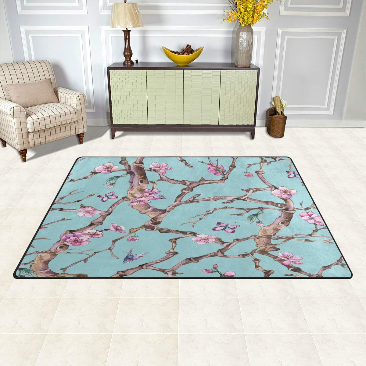 SUABO 3'x5' Non-Slip Butterfly Flower Area Rug - Soft Yoga Floor Mat for Living Room, Bedroom, Nursery | Home Decor, Meditation Space & Cozy Reading Nook Accent