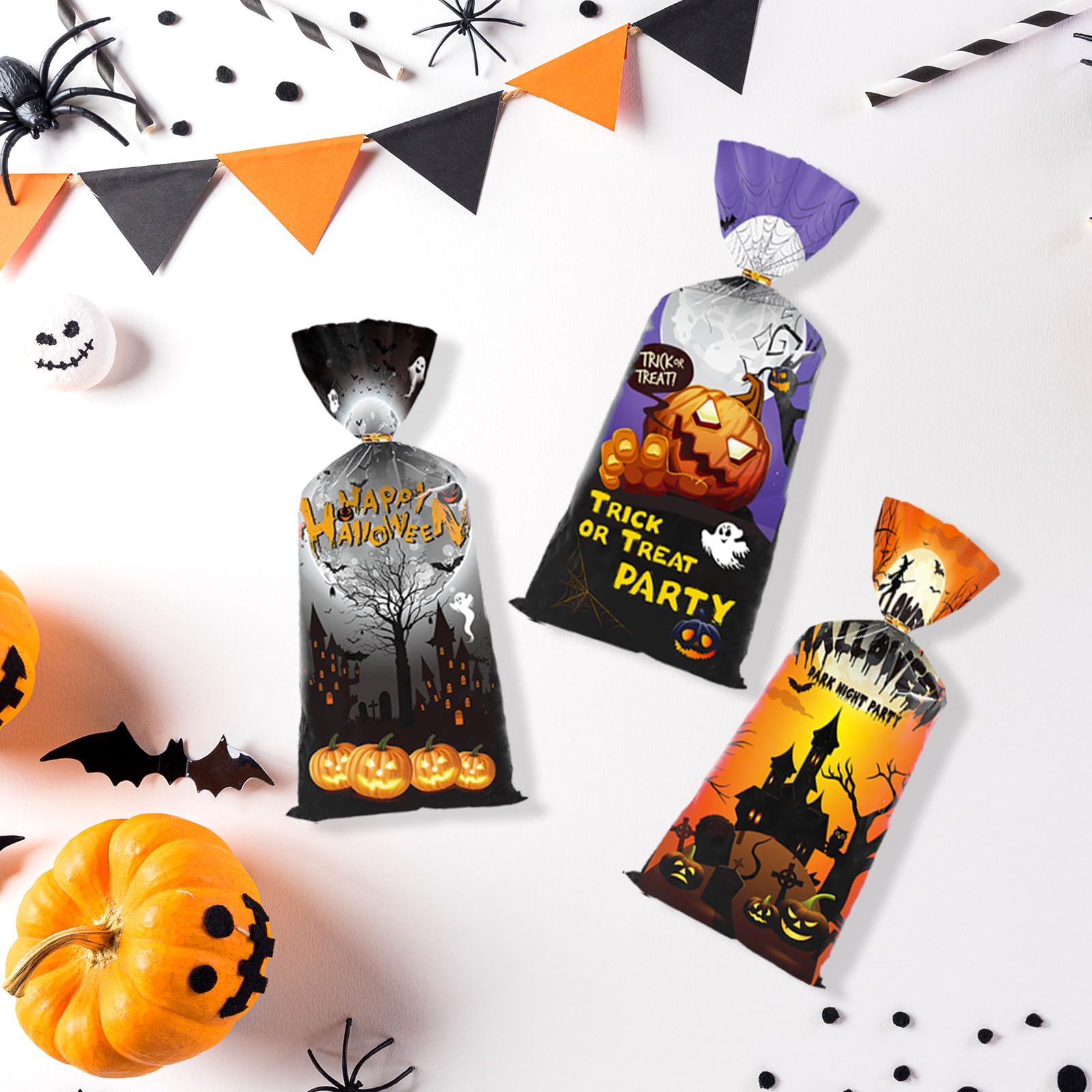 Artby7 Halloween Treat Bags - 50 Pack Scary Design Cellophane Goodie Bags for Trick or Treat, Party Favors & Candy Storage | Pumpkin, Witch & Ghost Themed | Perfect for Halloween Parties, Classroom Treats & Spooky Decorations