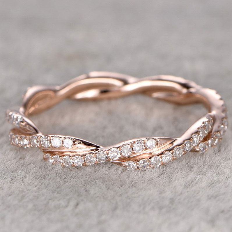 14K Rose Gold Twisted Stackable Diamond Wedding Ring - Minimalist Band for Women, Stackable with Other Rings, Perfect for Engagement, Anniversary, and Everyday Wear
