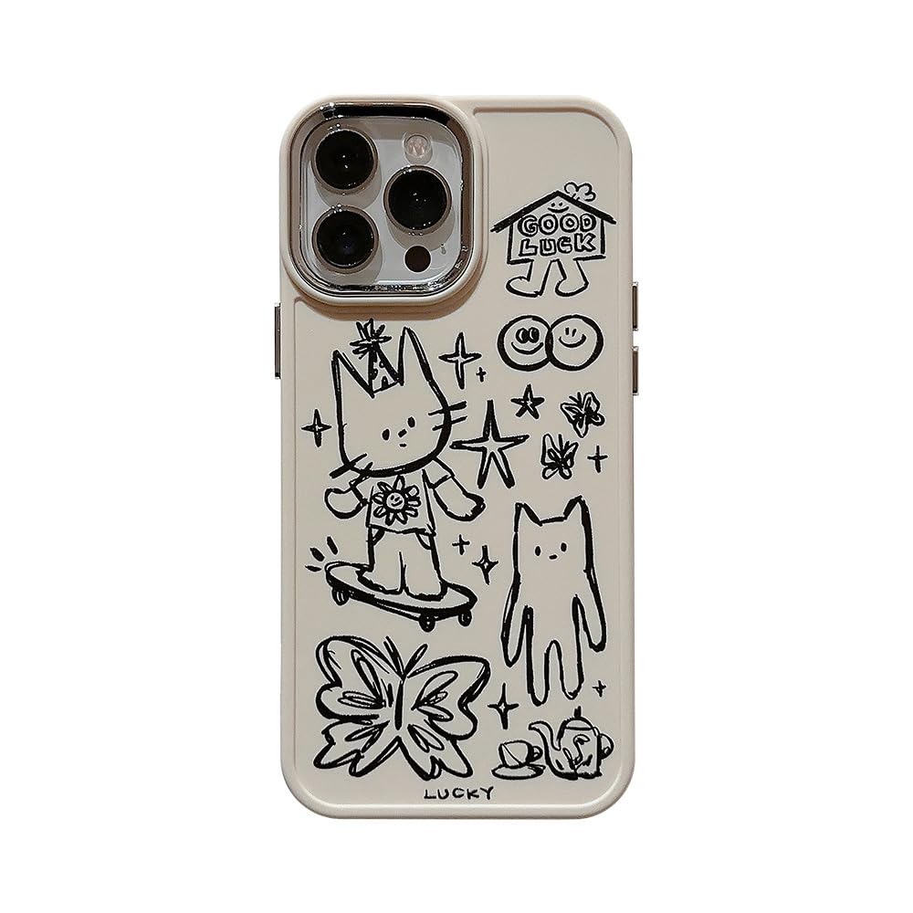Cute Cat Butterfly Star Lucky Line Drawing Soft Phone Case for iPhone 13 Pro Max - Slim Protective Cover with Artistic Design, Durable TPU Material (White) | Perfect for Everyday Use, Gift Giving & Fashion Accessories