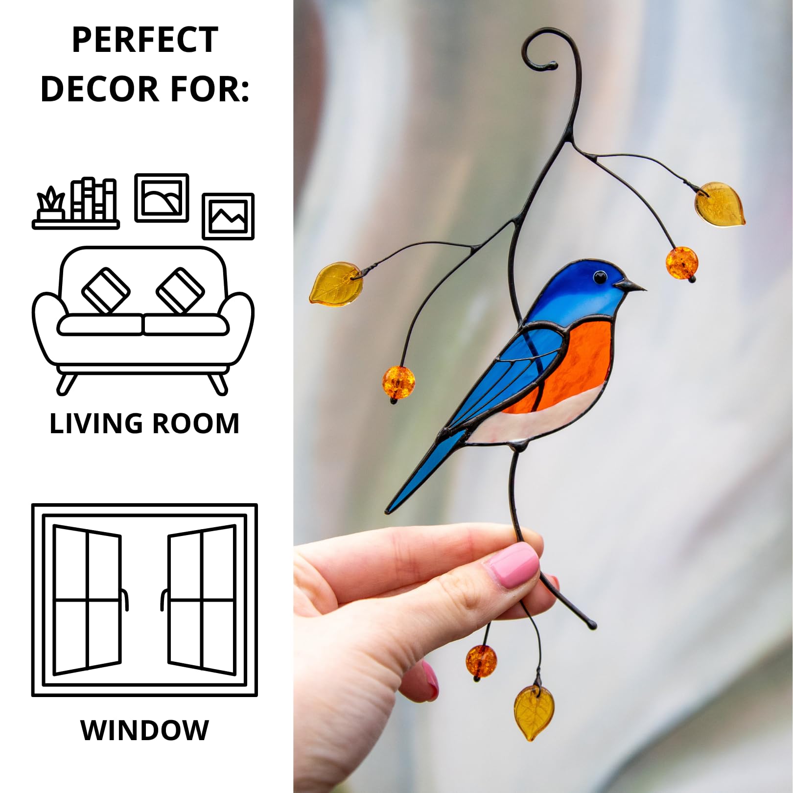 Handmade Bluebird Stained Glass Suncatcher - Genuine Glass Window Hanging for Home Decor, Unique Indoor Ornament & Outdoor Garden Decoration | Perfect for Living Room, Bedroom, Patio & Gift Giving