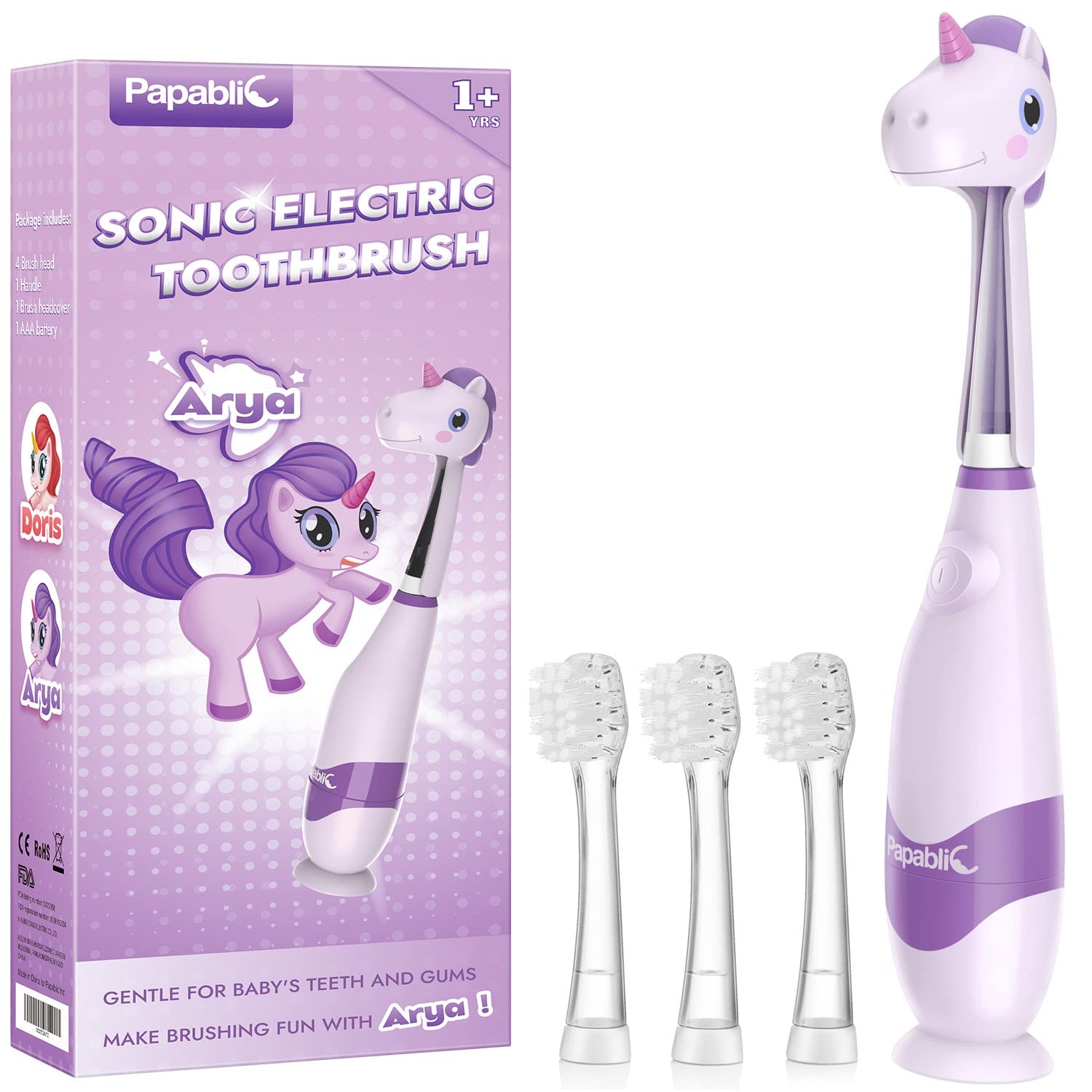 Papablic Sonic Electric Toothbrush for Toddlers Ages 1-3 | Kids Electric Toothbrush with Unicorn Cover, Smart LED Timer & 4 Brush Heads (Arya) | Perfect for Early Dental Care & Fun Bath Time Routine