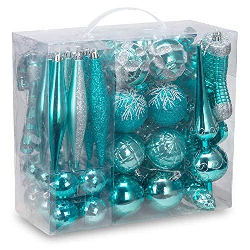 54-Piece Assorted Christmas Ornaments Set - Turquoise Blue Tree Decorations with Gift Box | Holiday Home Decor, Xmas Party & Festive Gift Idea