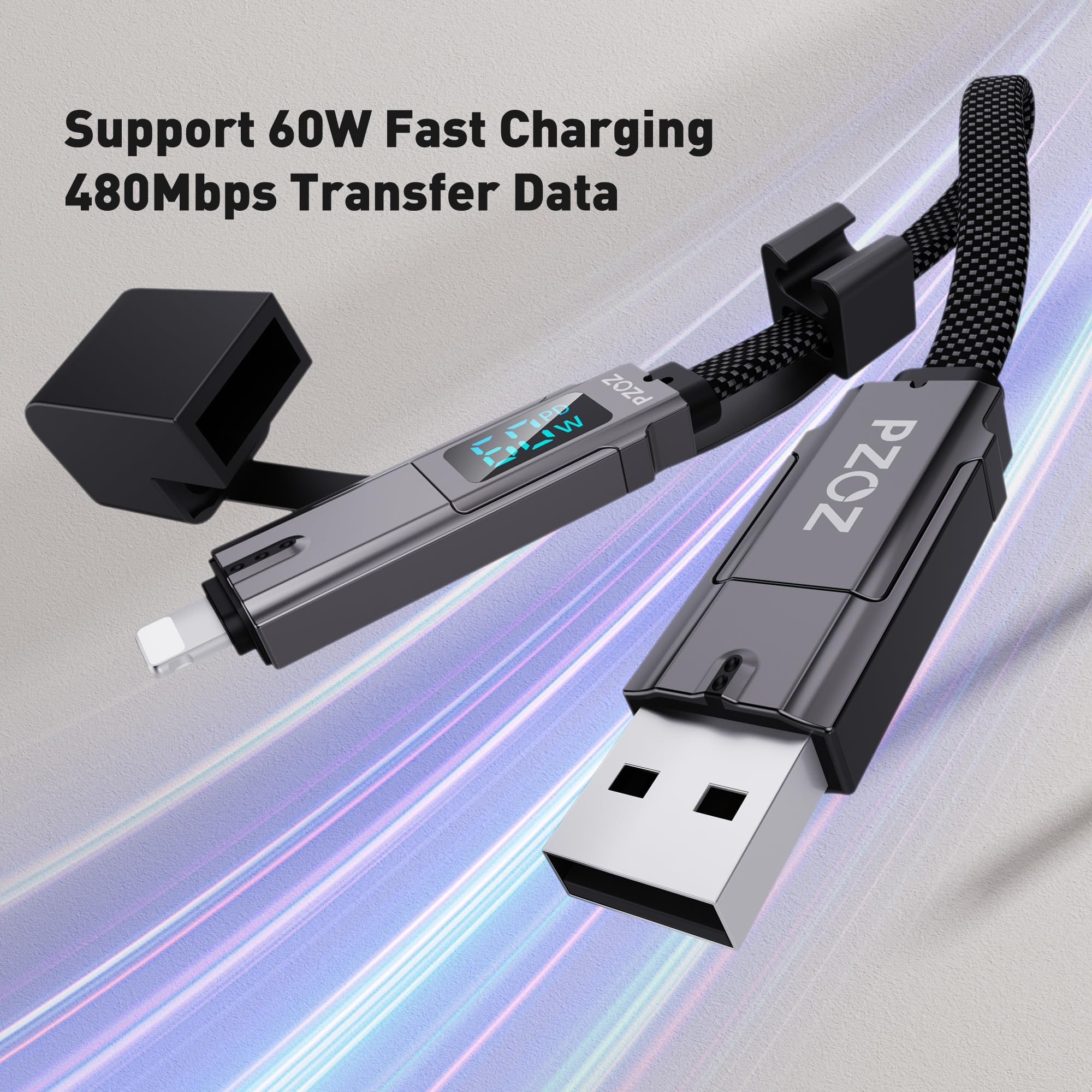 PZOZ 60W Multi Charger Cable with LED Display - Fast Charging USB C to Lightning, Type-C to USB C, USB A to Lightning & USB A to USB C - Compatible with iPhone X/11/12/13/14/15 - Perfect for Travel, Office & Home Charging
