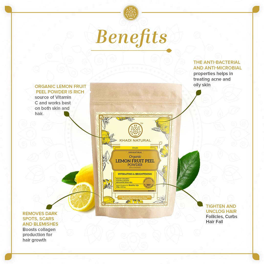 Organic KHADI NATURAL Lemon Fruit Peel Powder - Brightening & Exfoliating for Glowing Skin | Perfect for DIY Face Masks, Scrubs & Hair Treatments