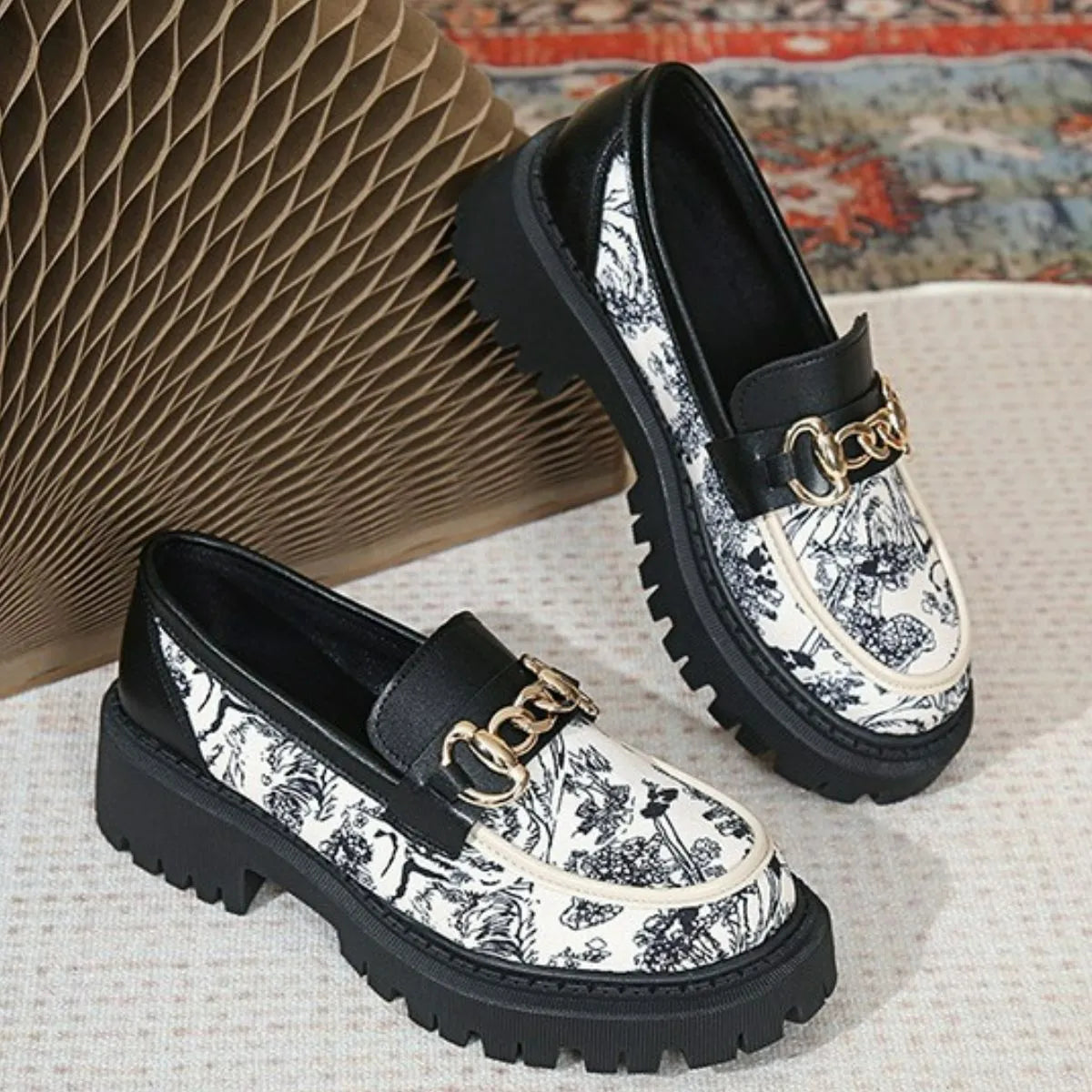 Women's Round Toe Printed Loafers with Block Heels - Comfortable Slip-On Shoes for Work, Office & Casual Outfits