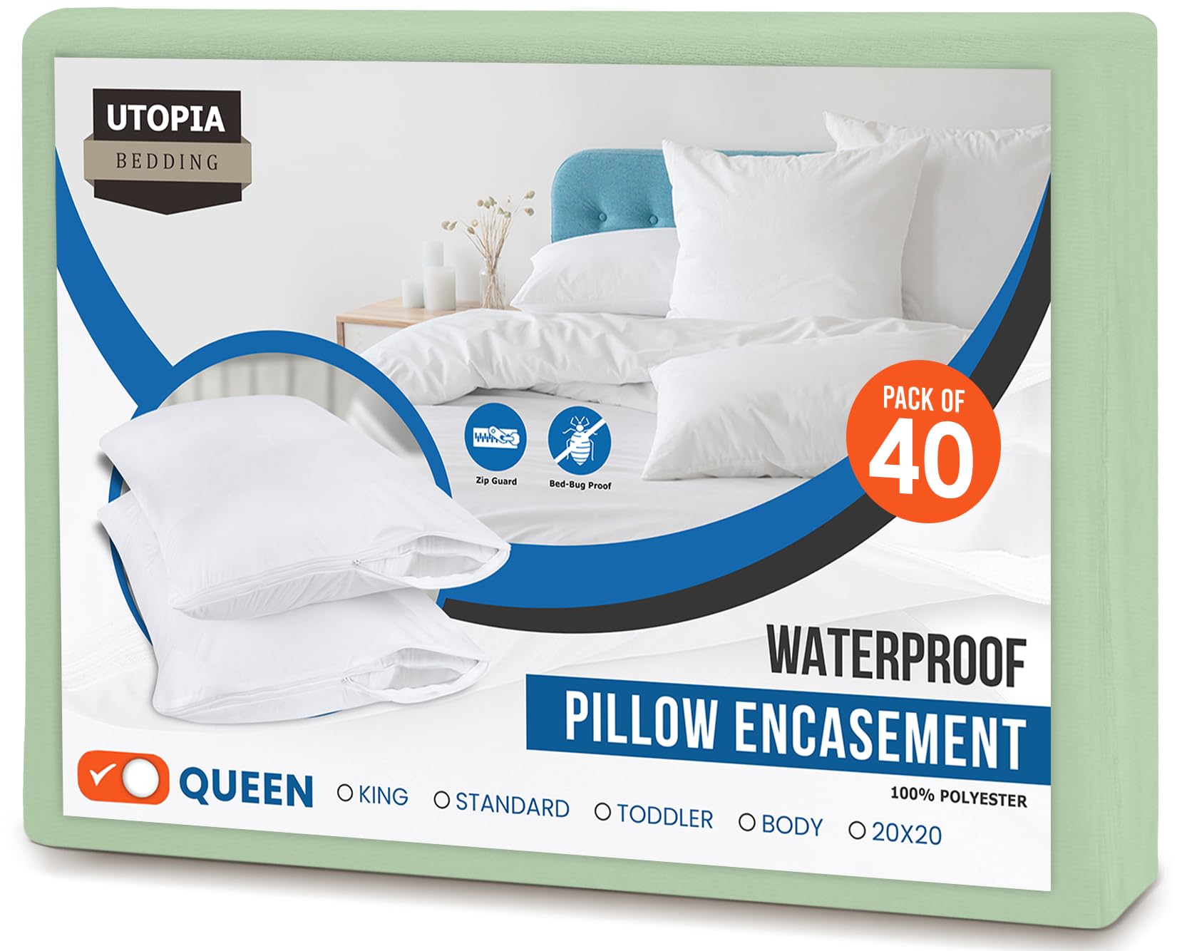 Utopia Bedding Waterproof Pillow Protectors (40 Pack, Sage) - Queen Size 20x28 Inches, Zippered Pillow Cases for Bed Bug Protection & Allergies - Ideal for Hotels, Dorms, Home Use & Travel Accessories