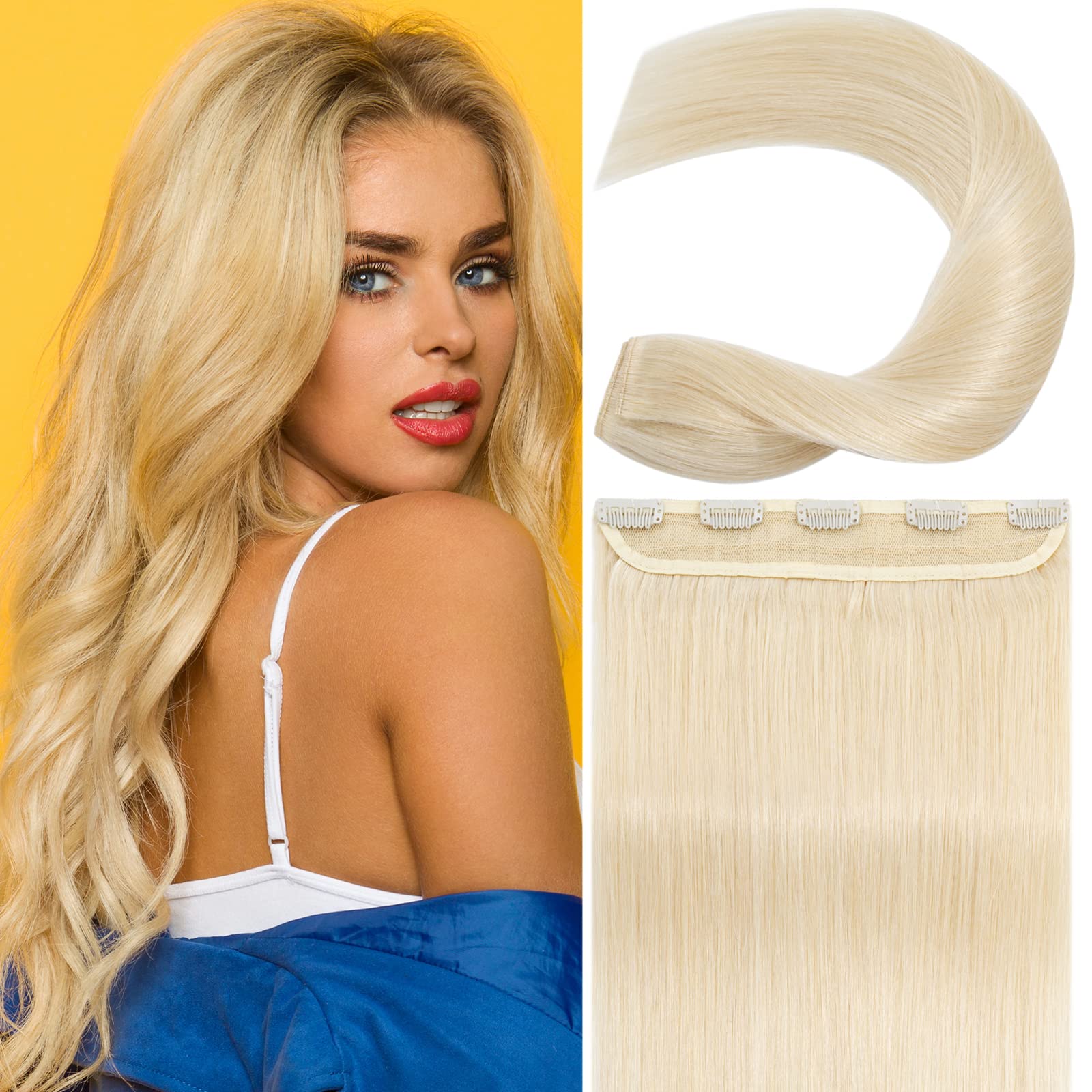 S-noilite 100% Real Human Hair Clip-in Extensions - 20 Inch Platinum Blonde (60) - 5 Clips for Full Head Coverage - Soft Straight Weft for Thicker Hair - Perfect for Parties, Weddings & Daily Styling