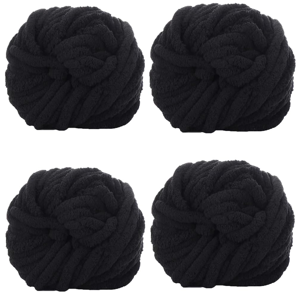 Chunky Knit Chenille Yarn - Super Soft Arm Knitting Yarn for Blankets, Scarves & DIY Crafts (1kg, Black) - Perfect for Baby Blankets, Home Decor & Handmade Gifts
