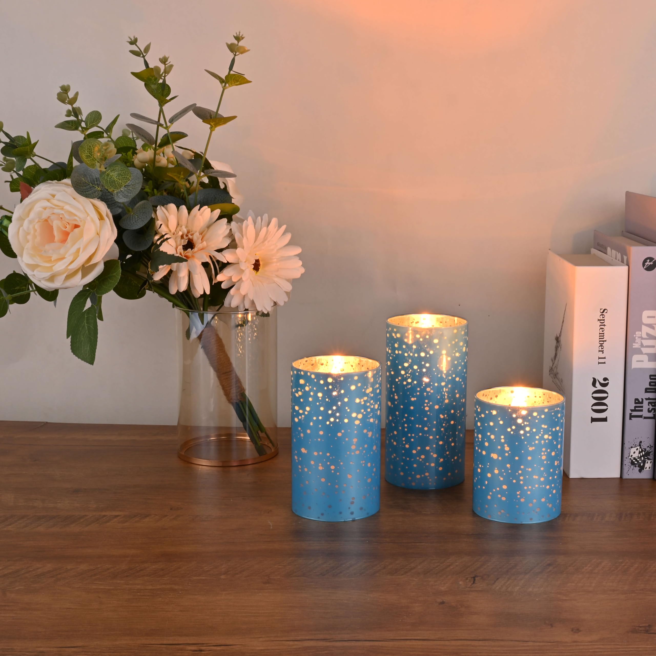 Blue Glass Flameless LED Candles Set of 3 (3