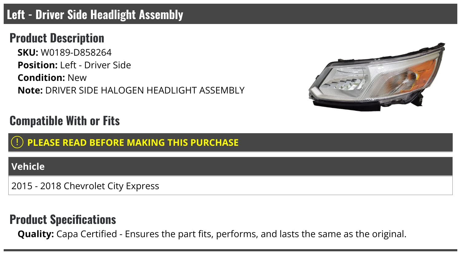 2015-2018 Chevy City Express Left Driver Side Halogen Headlight Assembly Replacement - Durable OEM Fit Headlamp for Night Driving & Improved Visibility